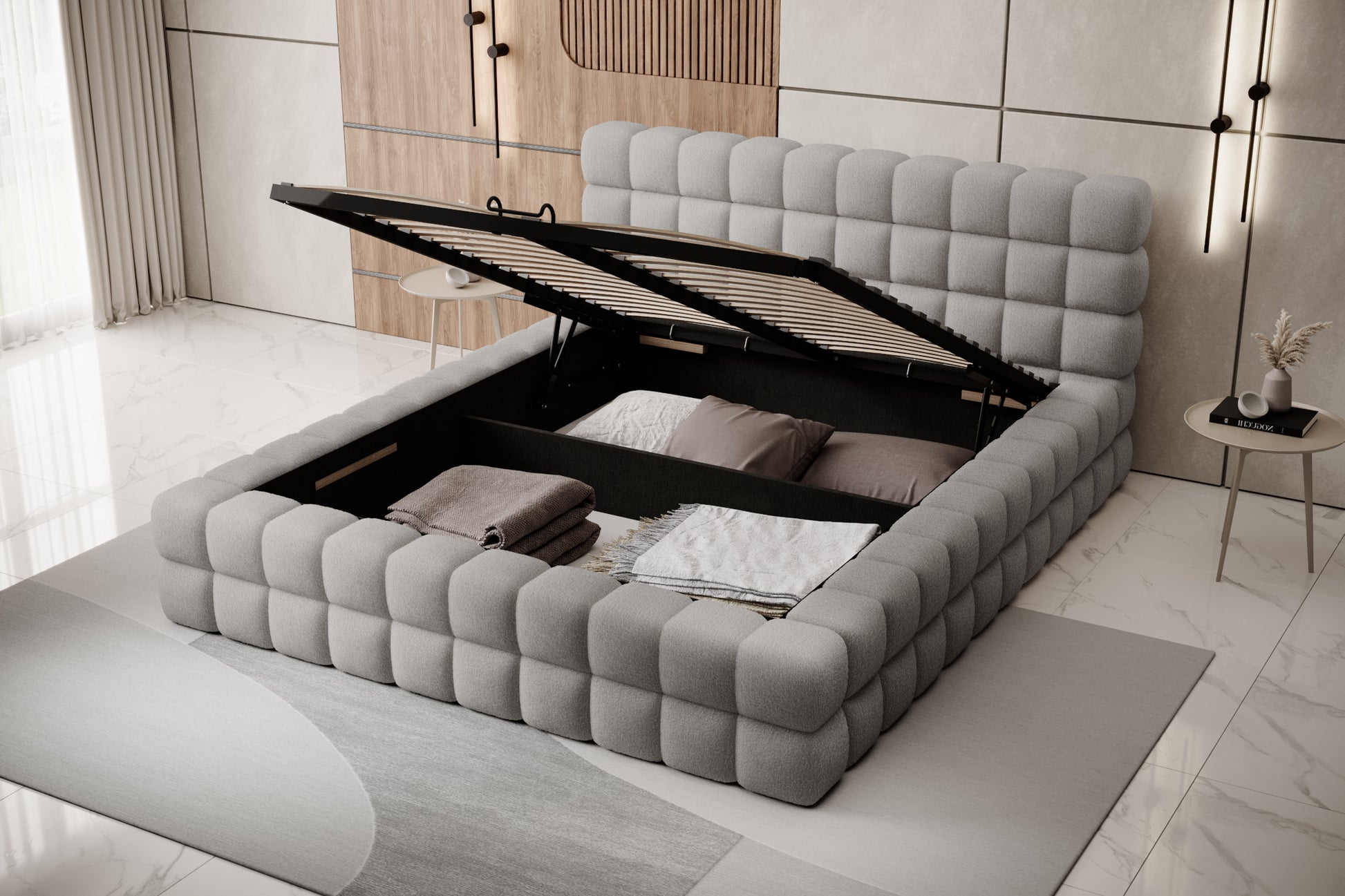 Łóżko Dizzle 140x200 cm w kolorze Royal 04 szary z podniesionym stelażem, prezentujące przestronny pojemnik na pościel i praktyczne miejsce do przechowywania.