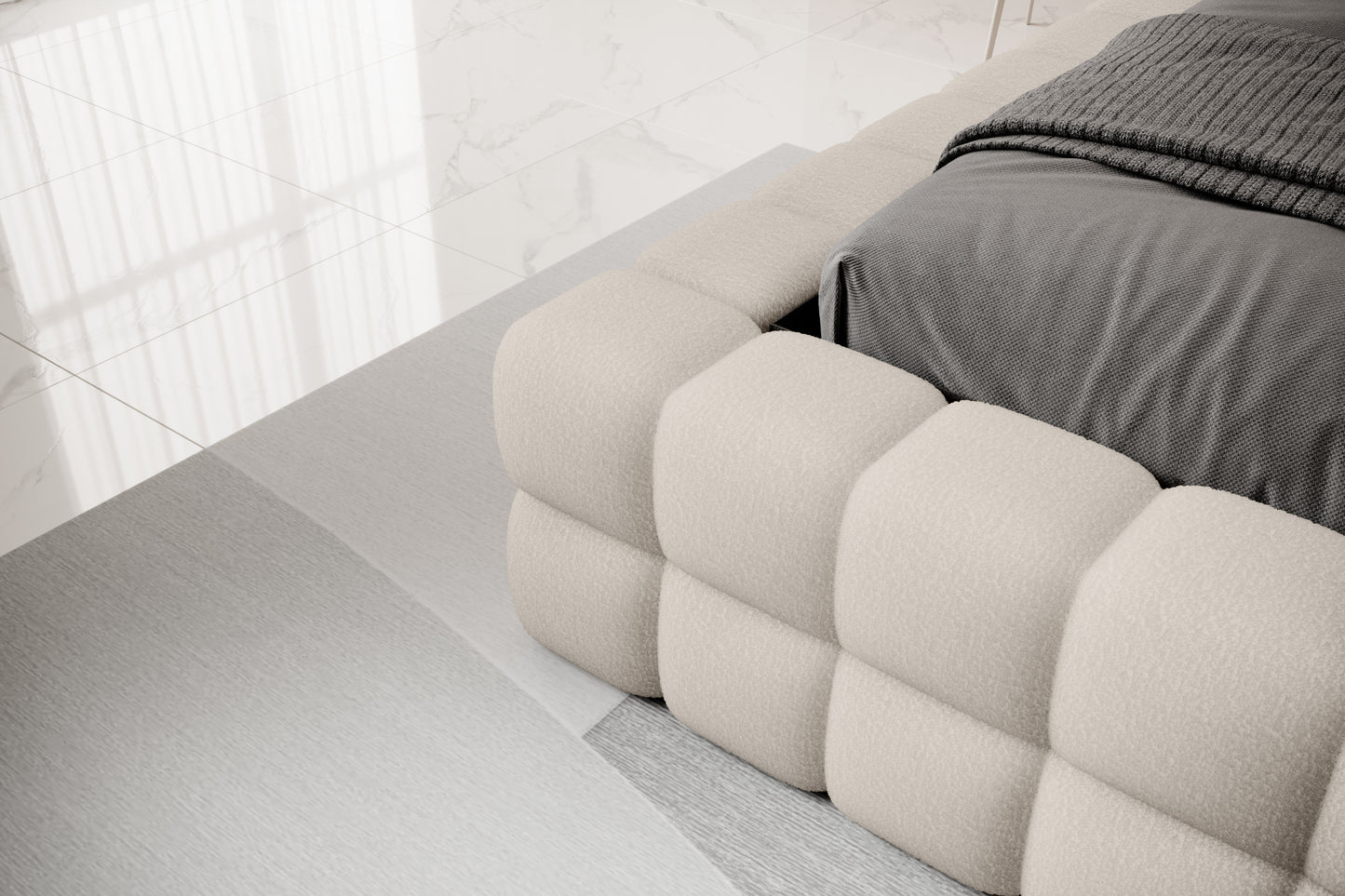 Detal narożnika łóżka Dizzle 160x200 cm w tkaninie Royal 18 beżowy, ukazujący miękkie, tapicerowane wykończenie w stylowym, minimalistycznym wnętrzu.