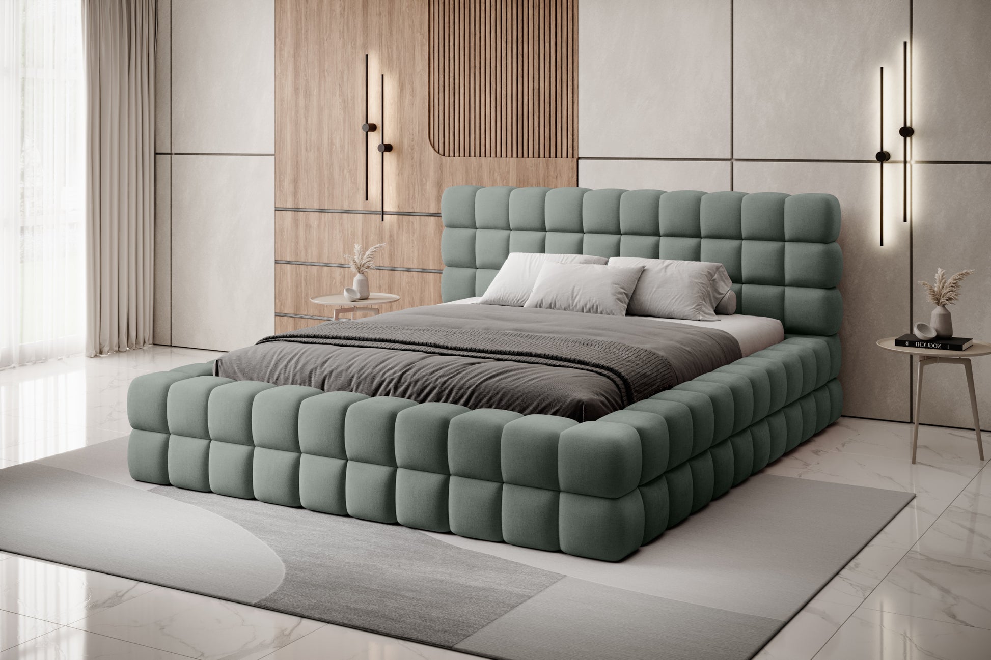 Łóżko sypialniane, stelaż metalowy, dwuosobowe z pojemnikiem na pościel, zielone.