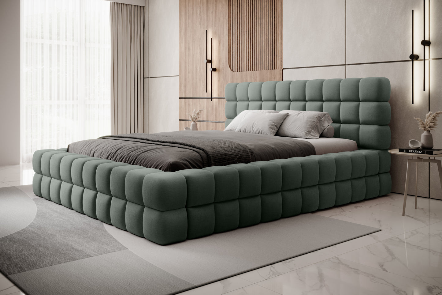 Łóżko sypialniane, 160x200 cm, dwuosobowe z pojemnikiem na pościel, zielone.