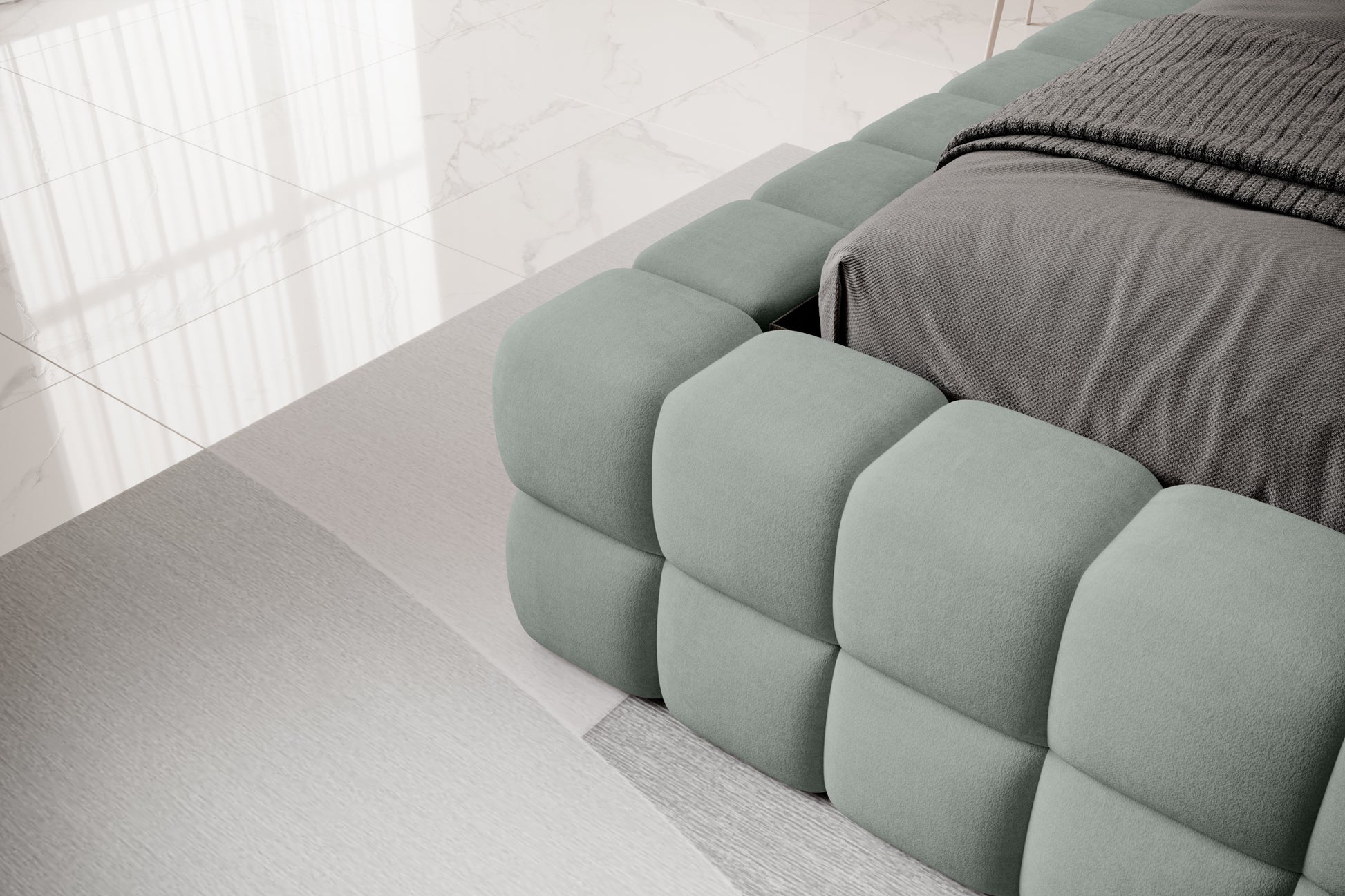 Łóżko sypialniane, 160x200 cm, stelaż metalowy, dwuosobowe z pojemnikiem na pościel, zielone, detal.