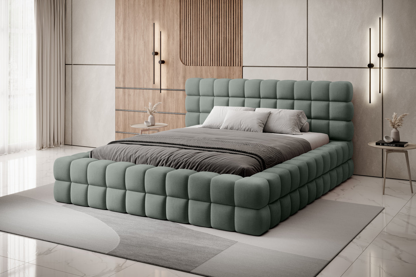 Łóżko sypialniane, stelaż metalowy, dwuosobowe z pojemnikiem na pościel, zielone.