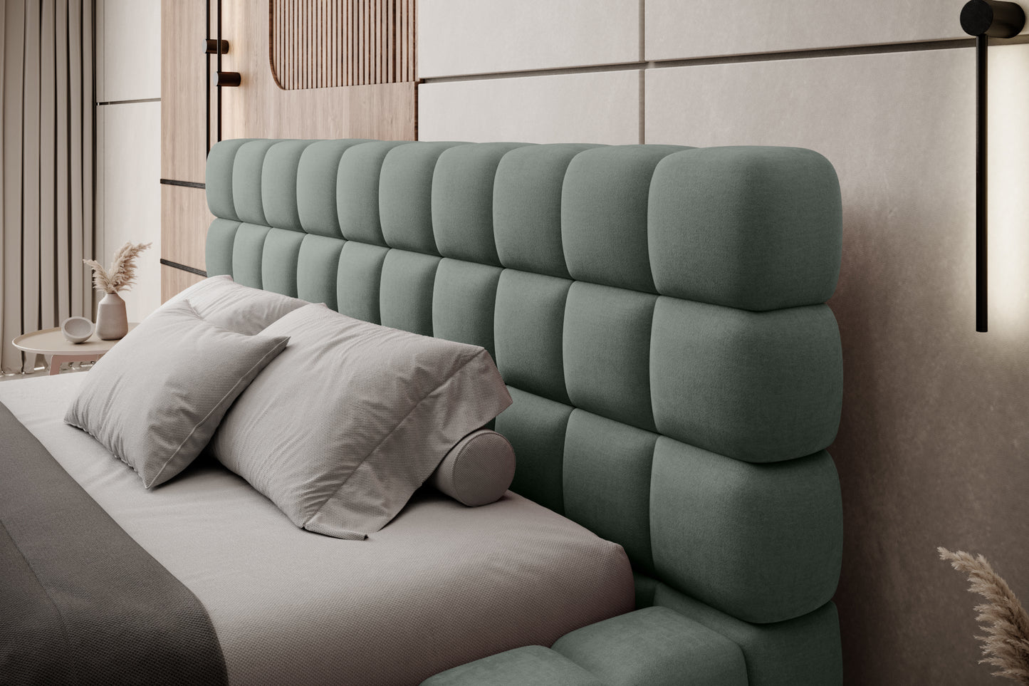 Zdjęcie zagłówka w łóżku sypialnianym, tapicerowanym, zielonym.