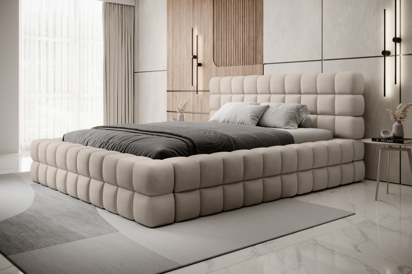 Łóżko sypialniane, 160x200 cm, dwuosobowe z pojemnikiem na pościel, jasnobeżowe.