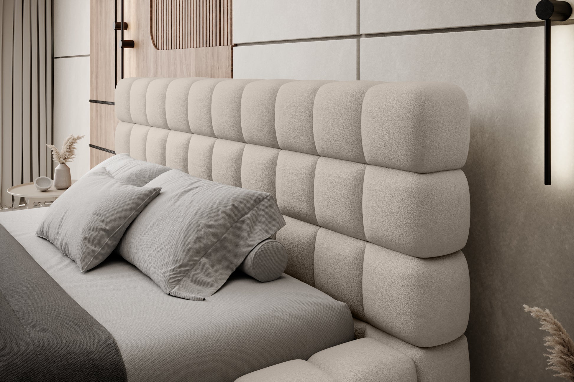 Zdjęcie zagłówka w łóżku sypialnianym, tapicerowanym.