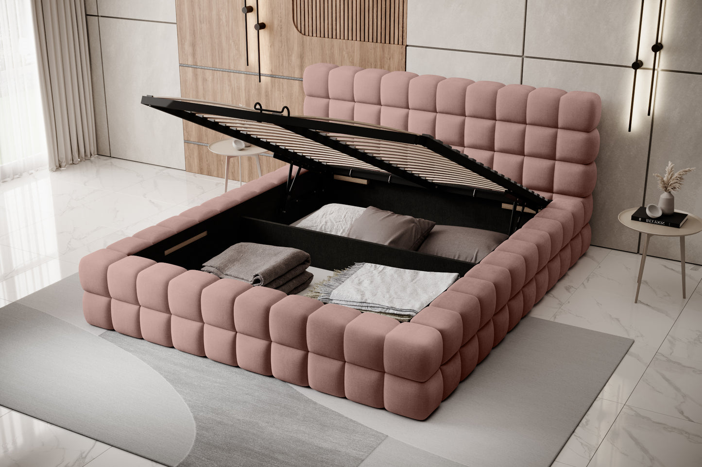 Zdjęcie łózka sypialnianego z pojemnikiem na pościel.