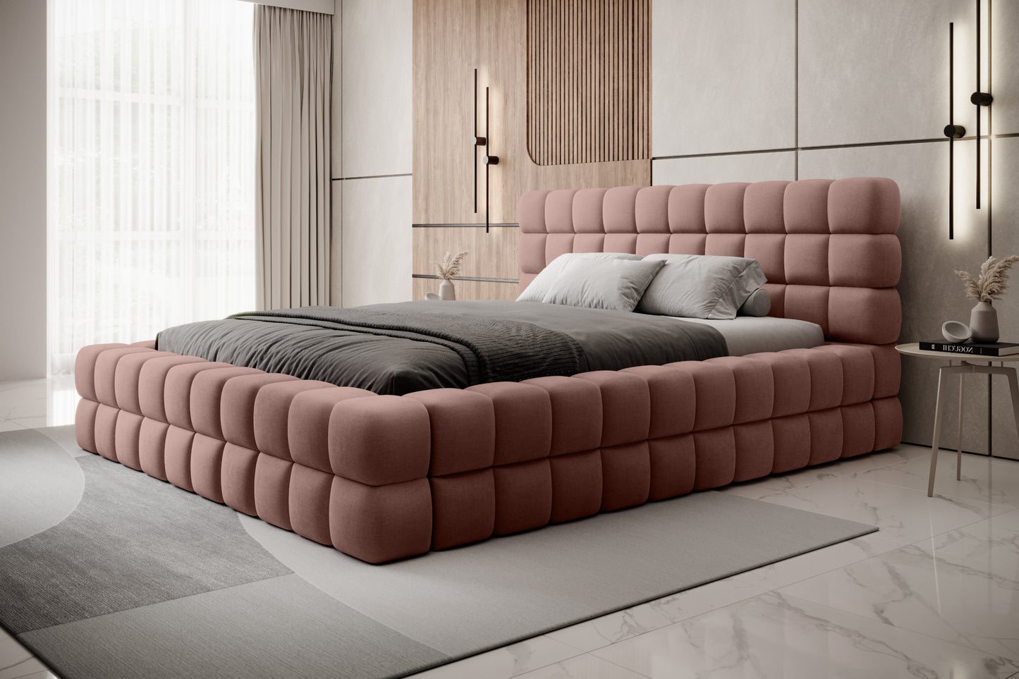 Łóżko sypialniane, 160x200 cm, dwuosobowe z pojemnikiem na pościel, różowe.