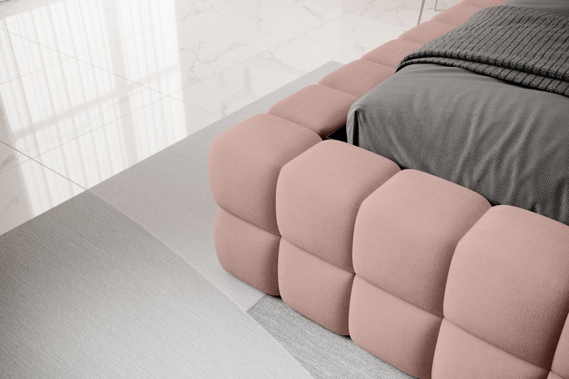 Łóżko sypialniane, 180x200 cm, stelaż metalowy, dwuosobowe z pojemnikiem na pościel, różowe, detal.