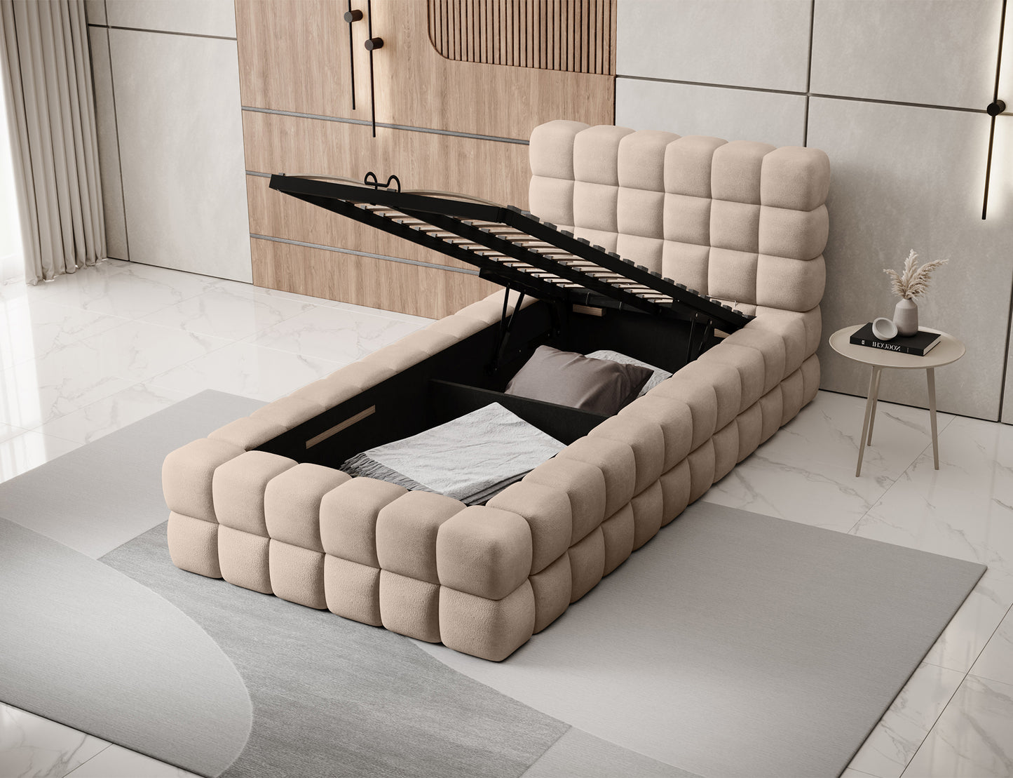 Łóżko Dizzle 90 Amore 18 beżowe z podniesionym stelażem, prezentujące pojemny schowek na pościel ukryty w ramie.