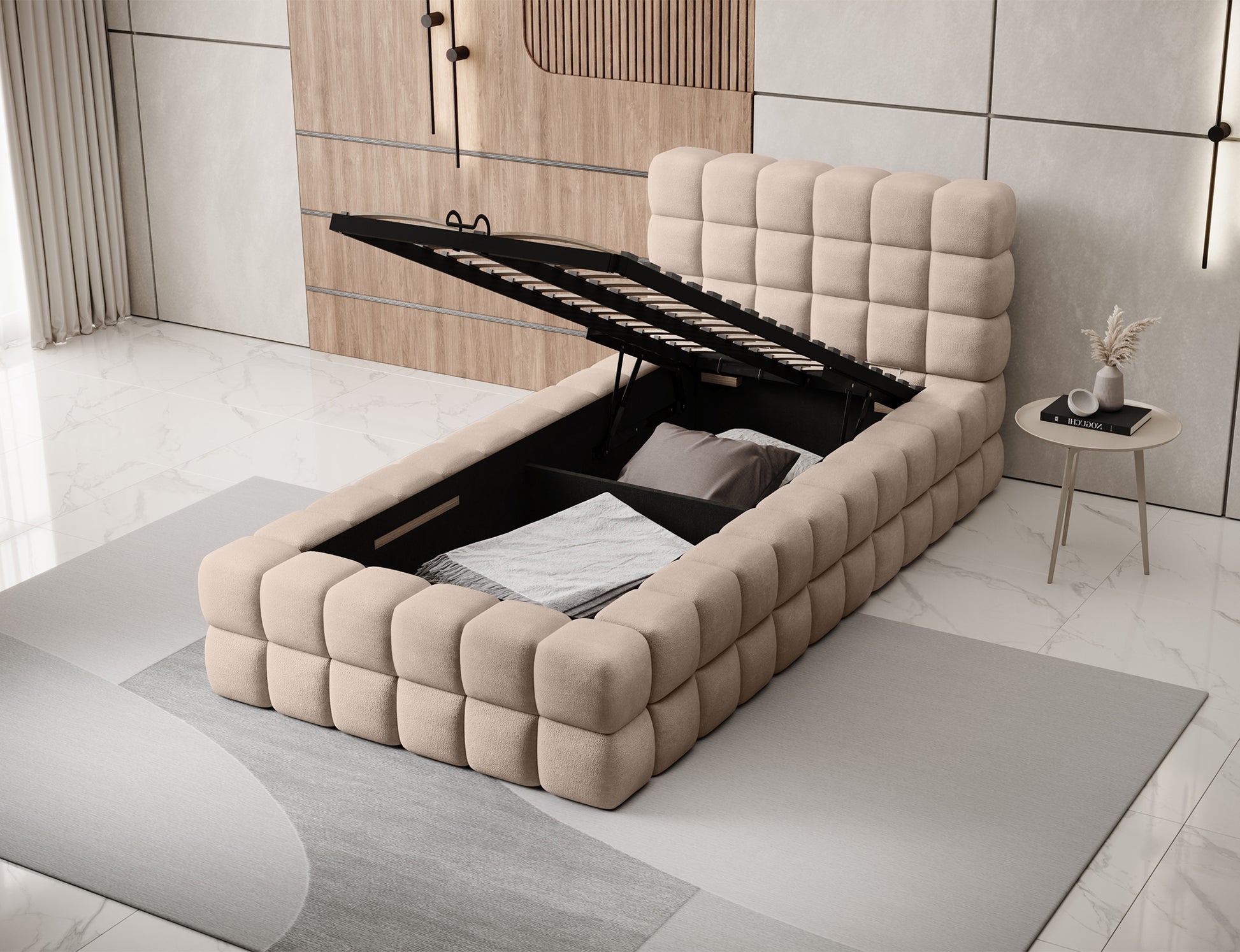 Łóżko Dizzle 90 Amore 18 beżowe z podniesionym stelażem, prezentujące pojemny schowek na pościel ukryty w ramie.