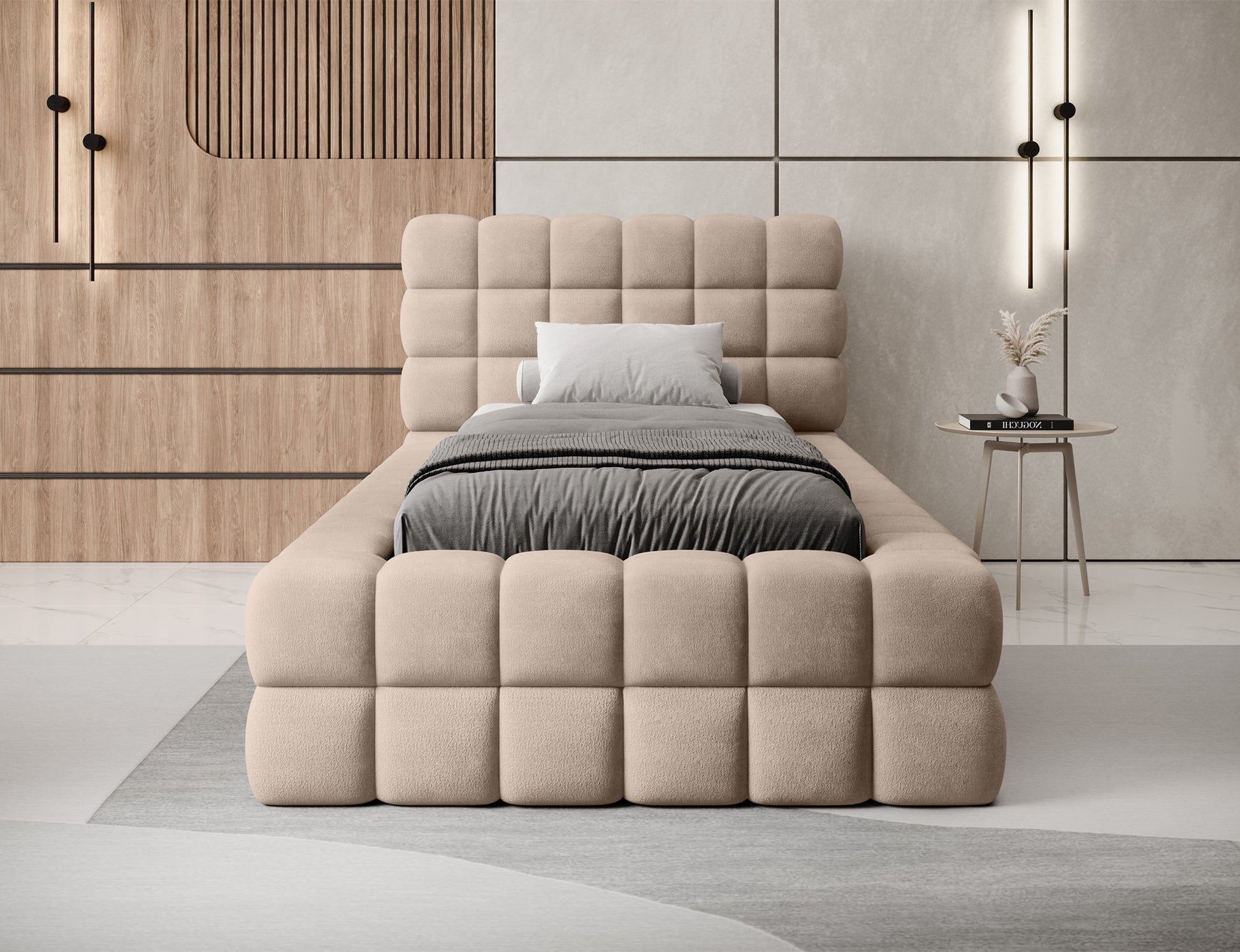 Łóżko jednoosobowe Dizzle 90 Amore 18 beżowe, widok od frontu z szarą pościelą i poduszką w eleganckiej aranżacji sypialni.