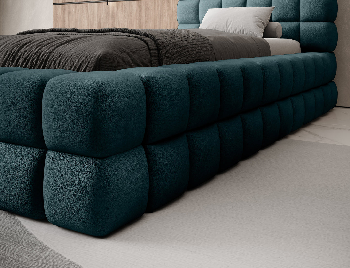 Zbliżenie na wykończenie ramy łóżka Dizzle 90 Amore 38 turkusowy – sześcienne, miękkie moduły tapicerki.