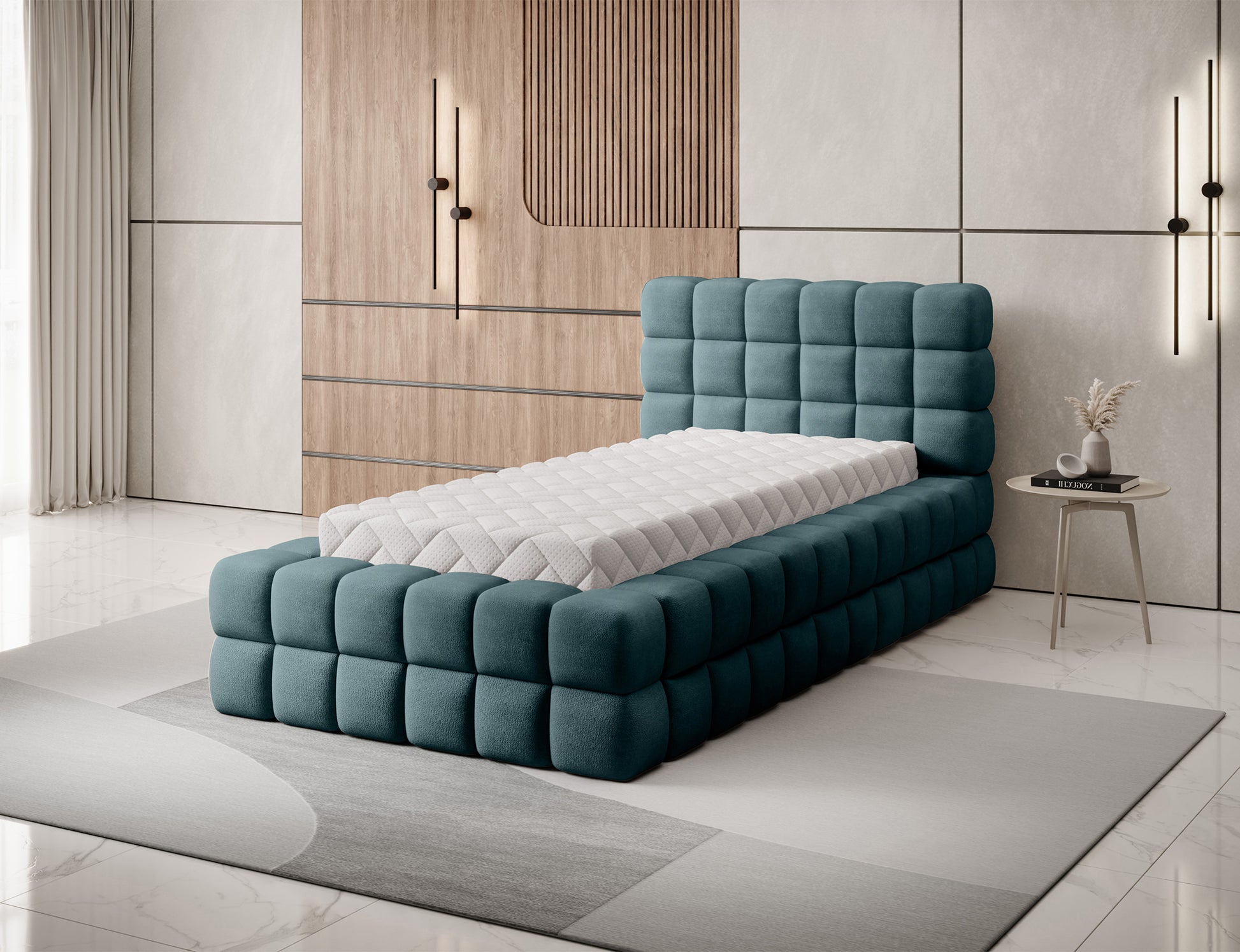 Łóżko Dizzle 90 Amore 38 turkusowy – widok z materacem, który idealnie komponuje się z geometryczną, miękką ramą.