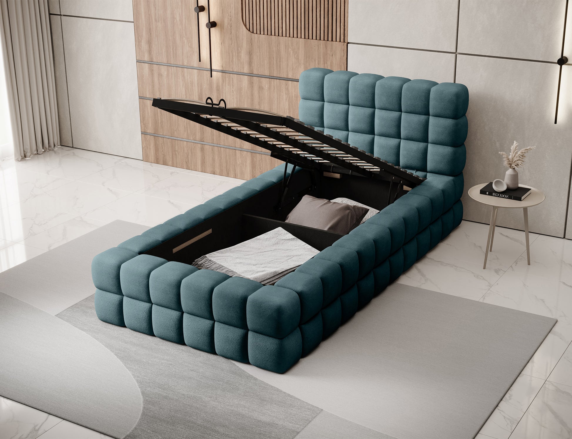 Łóżko Dizzle 90 Amore 38 turkusowy z pojemnikiem na pościel – praktyczne rozwiązanie z podnoszonym stelażem.