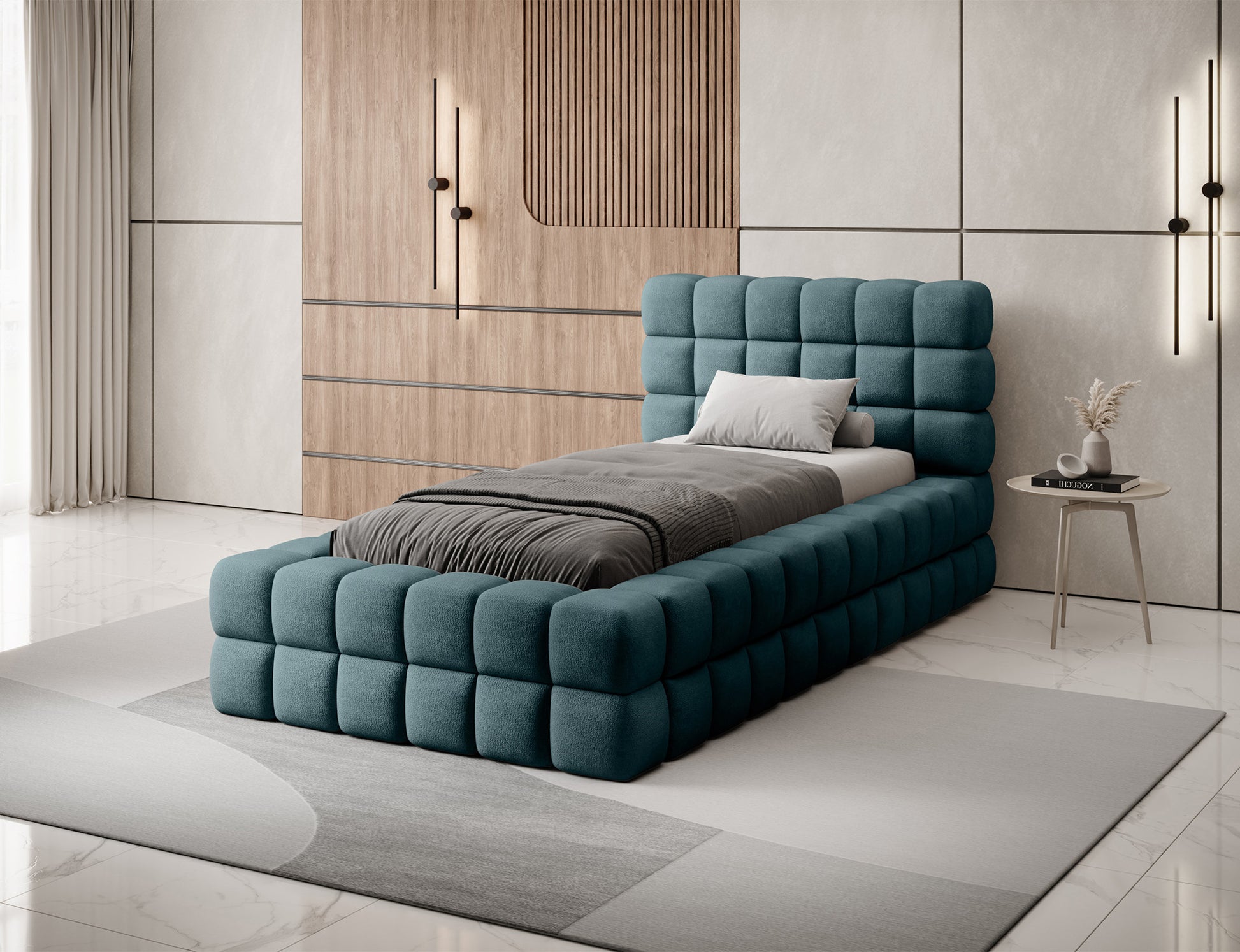 Łóżko Dizzle 90 Amore 38 turkusowy – skośny widok aranżacyjny, masywna forma i eleganckie wykończenie.