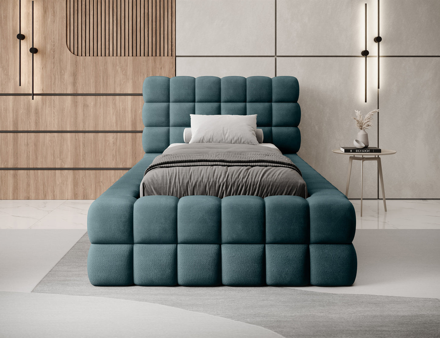 Łóżko Dizzle 90 Amore 38 turkusowy – elegancki widok od przodu w aranżacji, geometryczne pikowania i solidna forma.