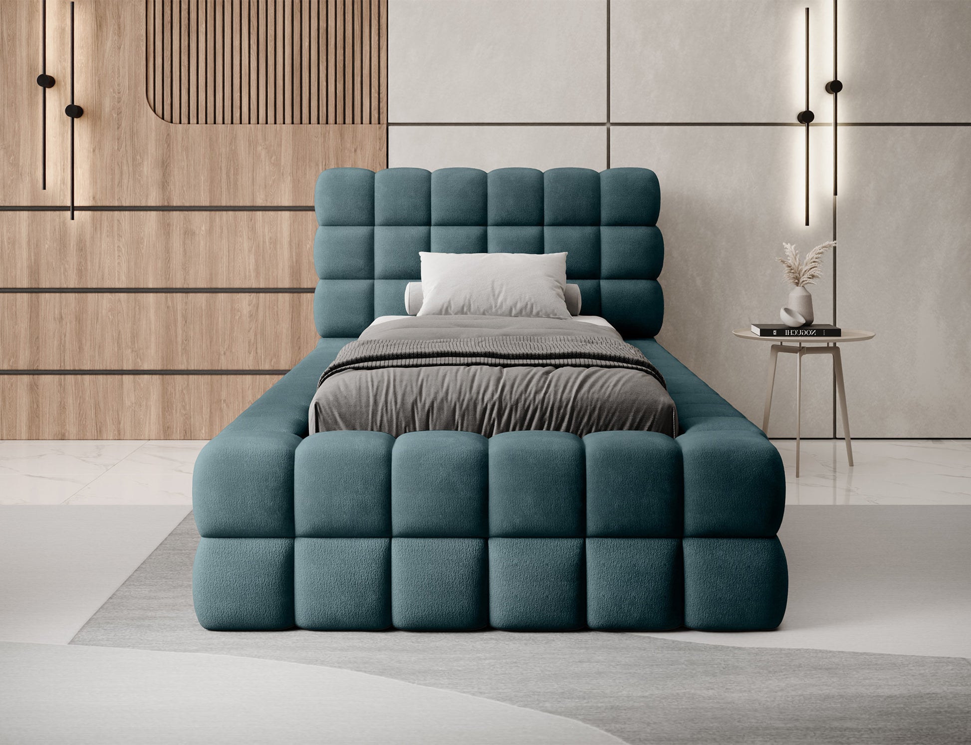 Łóżko Dizzle 90 Amore 38 turkusowy – elegancki widok od przodu w aranżacji, geometryczne pikowania i solidna forma.