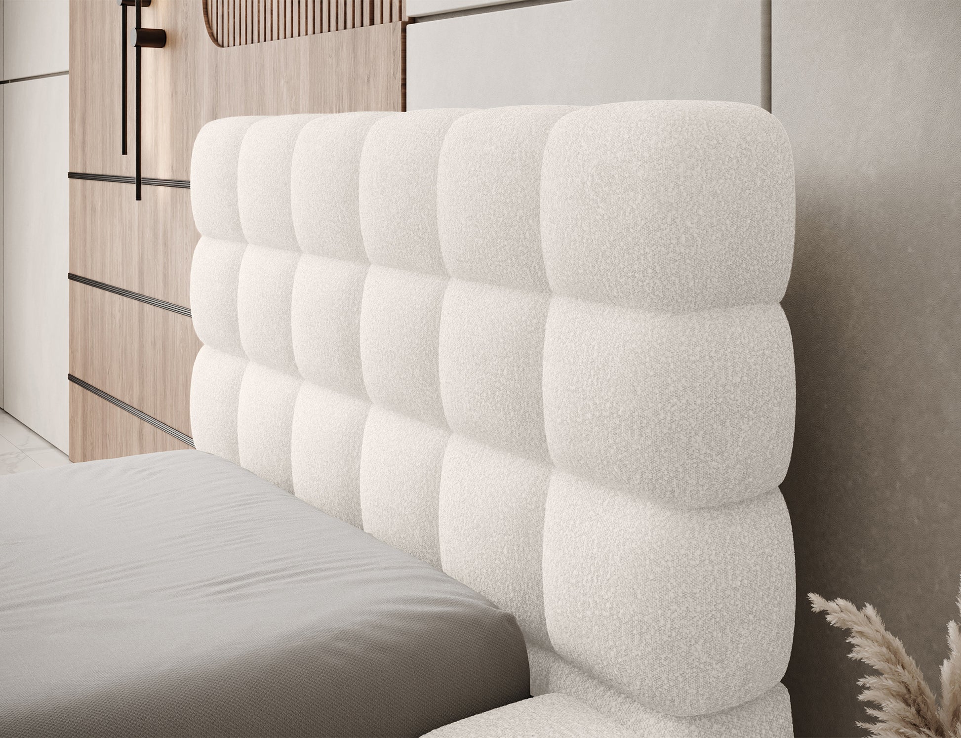 Łóżko tapicerowane Dizzle I 90x200 Jaffray 01 białe, detal zagłówka – wygodne podparcie pleców i efektowna forma.