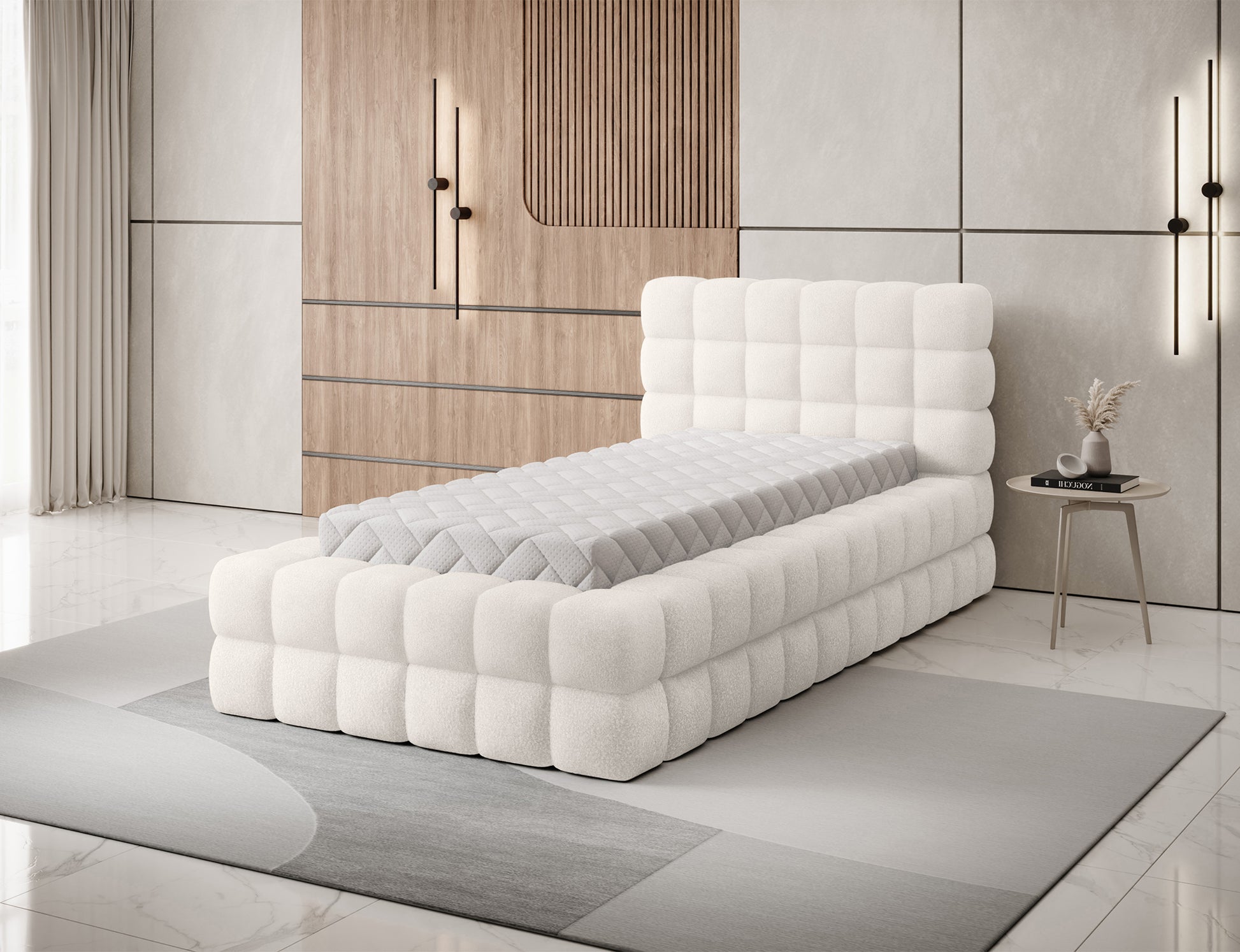 Łóżko Dizzle I 90x200 białe w tkaninie Jaffray 01, aranżacja wnętrza – designerski mebel do sypialni, pokoju dziecka lub gościnnego.