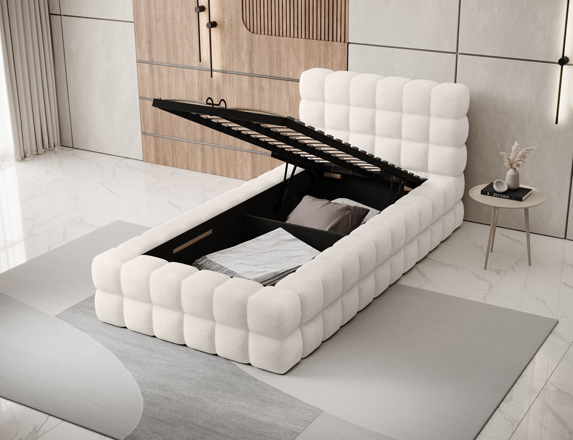 Łóżko Dizzle I jednoosobowe 90x200 Jaffray 01 białe, pojemnik na pościel – praktyczne przechowywanie i łatwy dostęp.