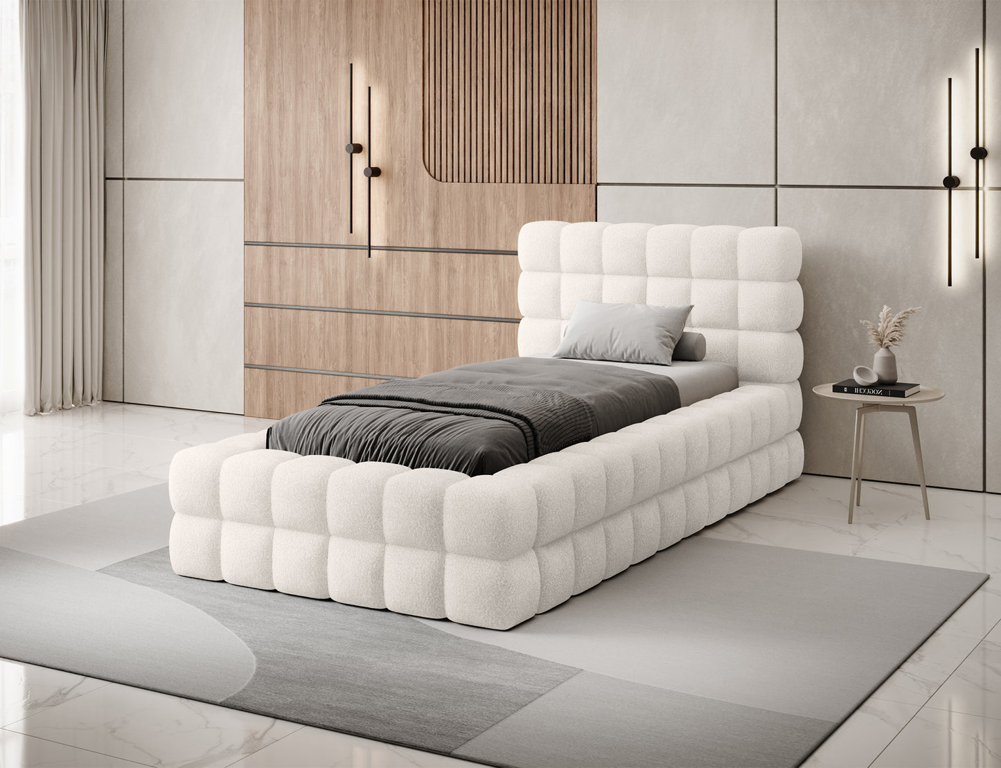 Białe łóżko tapicerowane Dizzle I 90x200 w tkaninie Jaffray 01, ujęcie aranżacyjne – nowoczesny akcent w stylowym wnętrzu.