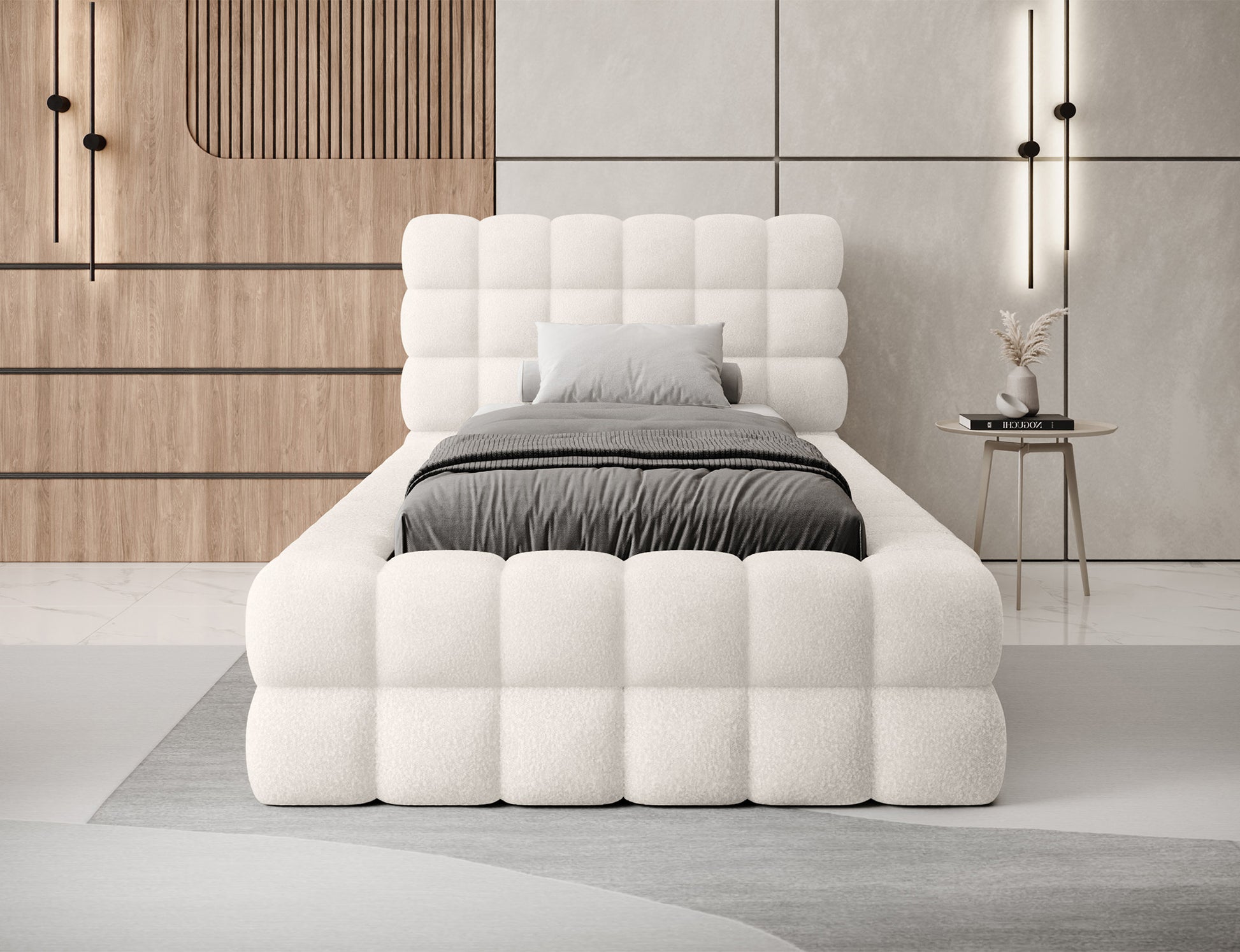 Łóżko tapicerowane Dizzle I 90x200 białe Jaffray 01, ujęcie na wprost w aranżacji wnętrza – stylowe i praktyczne rozwiązanie.