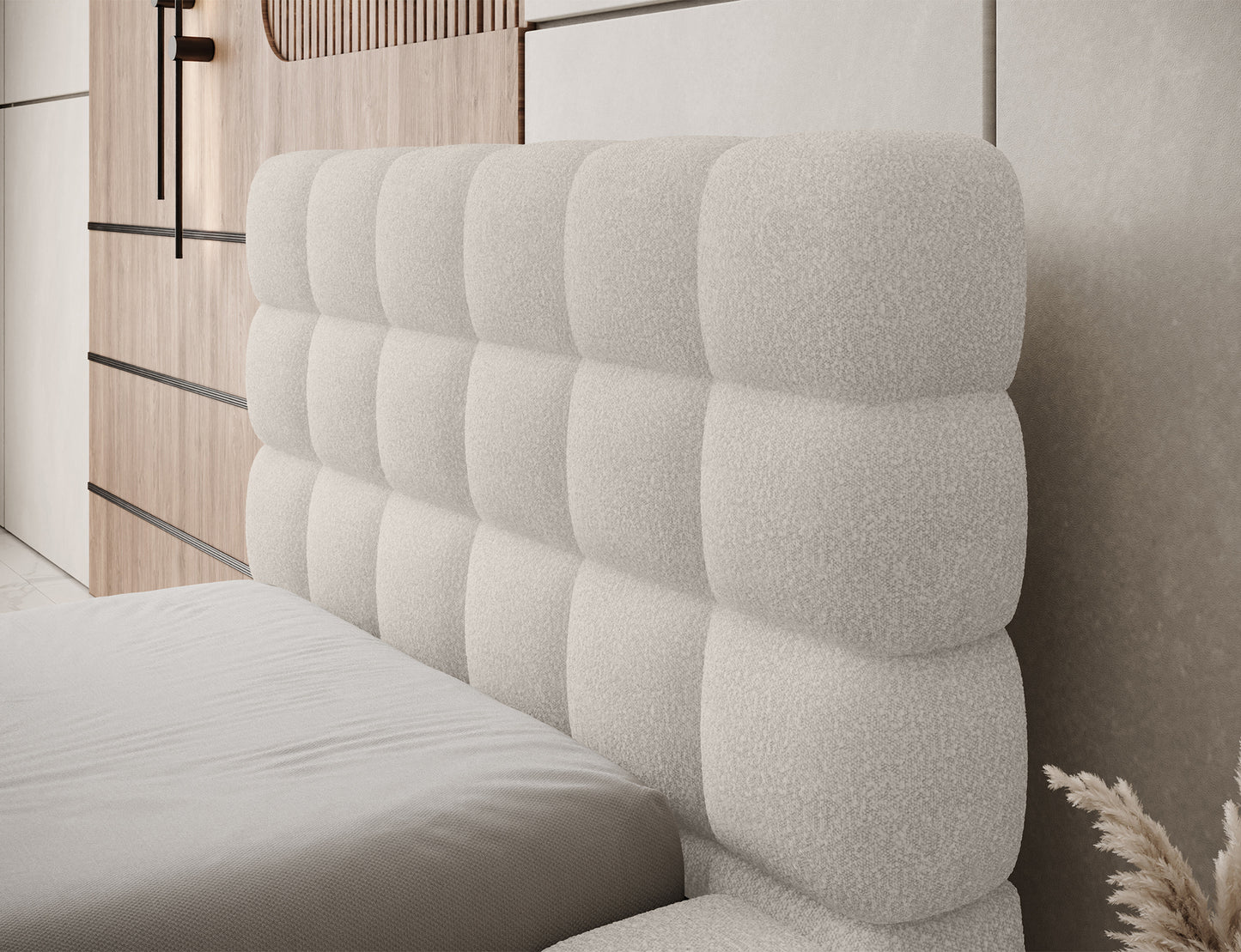 Łóżko Dizzle 90 w tkaninie Jaffray 18 jasnobeżowy, detal wezgłowia, miękkie, geometryczne przeszycia tkaniny.