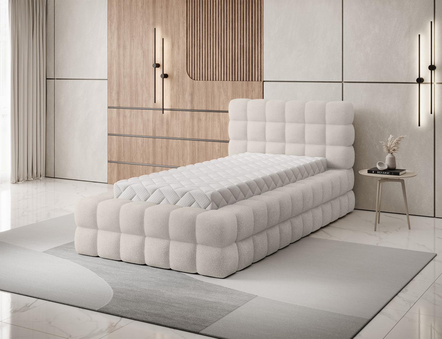 Wizualizacja łóżka Dizzle 90 w tkaninie Jaffray 18 jasnobeżowy w aranżacji sypialni, widok skośny z perspektywy.