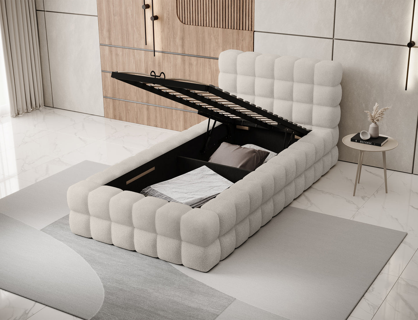 Łóżko jednoosobowe Dizzle 90 w tkaninie Jaffray 18 jasnobeżowy, pojemnik na pościel otwarty, funkcjonalne wnętrze.