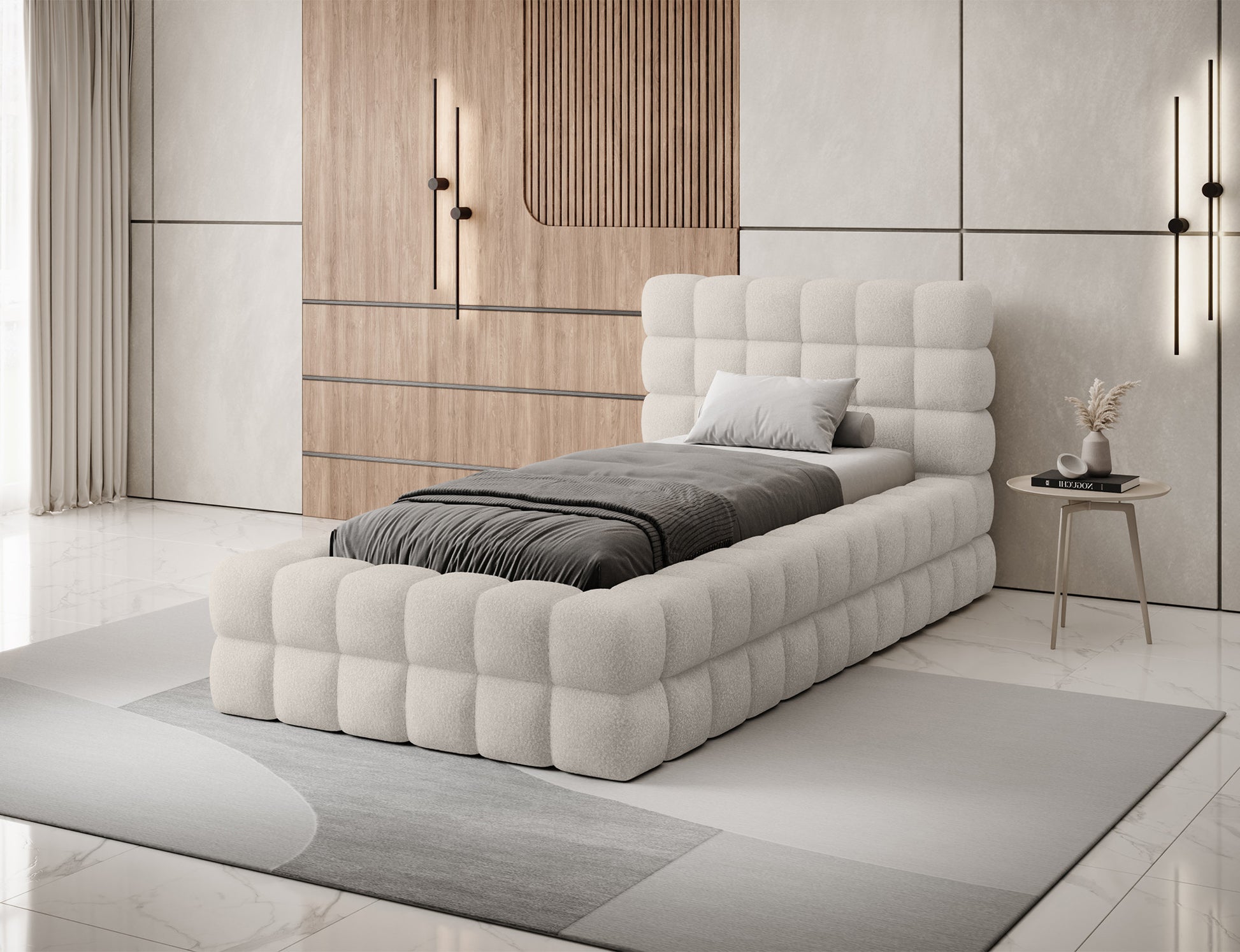 Aranżacja wnętrza z łóżkiem Dizzle 90 w tkaninie Jaffray 18 jasnobeżowy, elegancka i nowoczesna stylistyka.