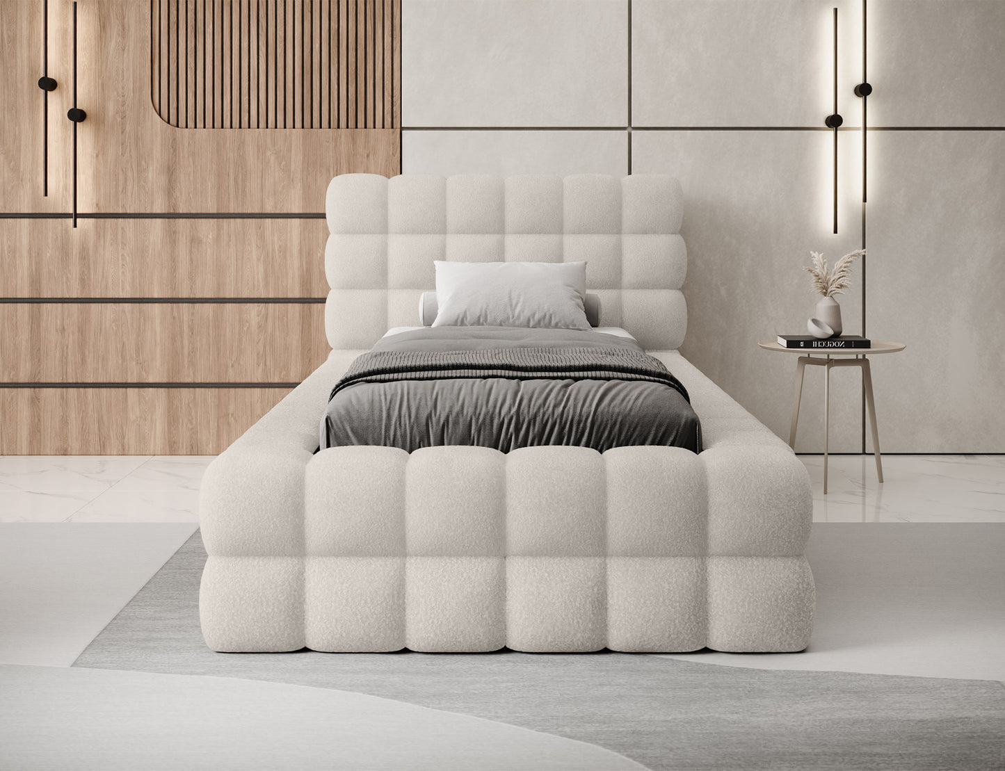 Łóżko Dizzle 90 w tkaninie Jaffray 18 jasnobeżowy, ujęcie od frontu, elegancki zagłówek i obszerna bryła mebla.