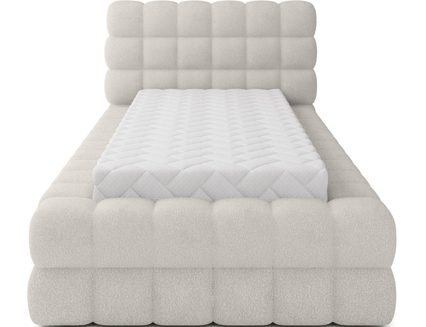 Łóżko tapicerowane Dizzle 90, tkanina Jaffray 18 jasnobeżowy, widok od przodu, masywna forma i prosty kształt.