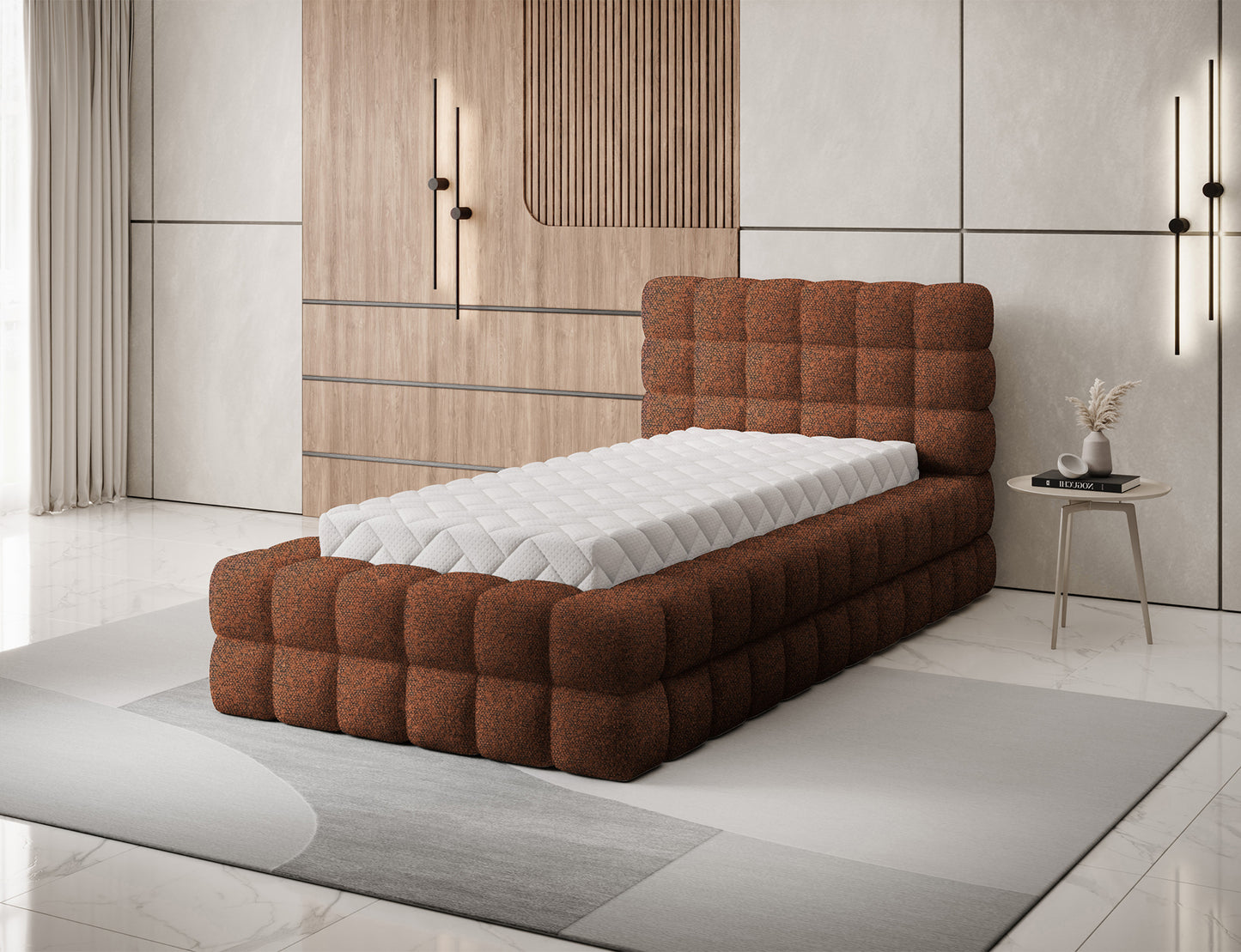 Łóżko jednoosobowe Dizzle 90 Jaffray 30 ceglane, aranżacja wnętrza, elegancki design i masywna tapicerowana rama.