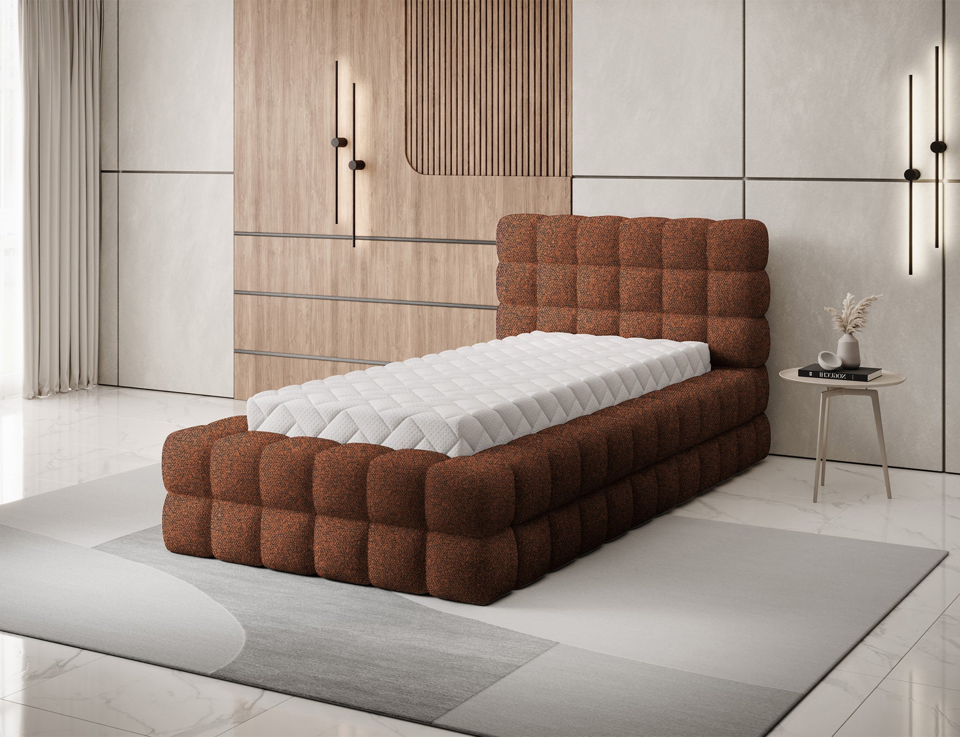 Łóżko jednoosobowe Dizzle 90 Jaffray 30 ceglane, aranżacja wnętrza, elegancki design i masywna tapicerowana rama.
