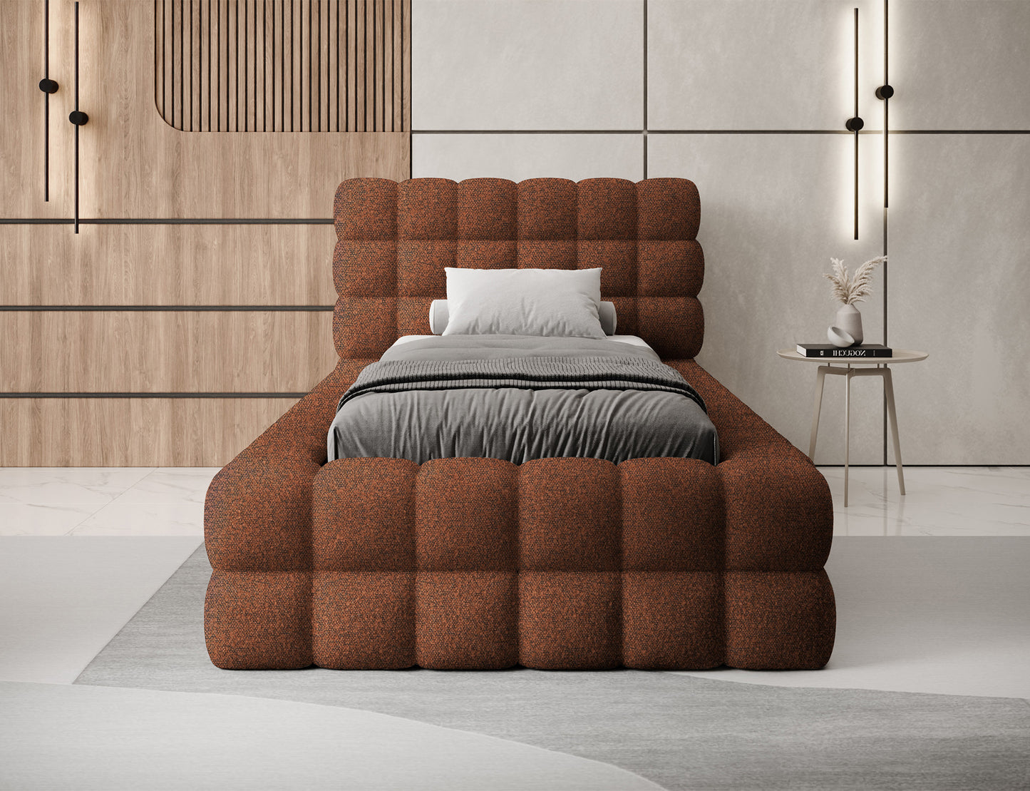 Jednoosobowe łóżko Dizzle 90 Jaffray 30 ceglane, ujęcie na wprost, tapicerowane, idealne do nowoczesnych aranżacji.