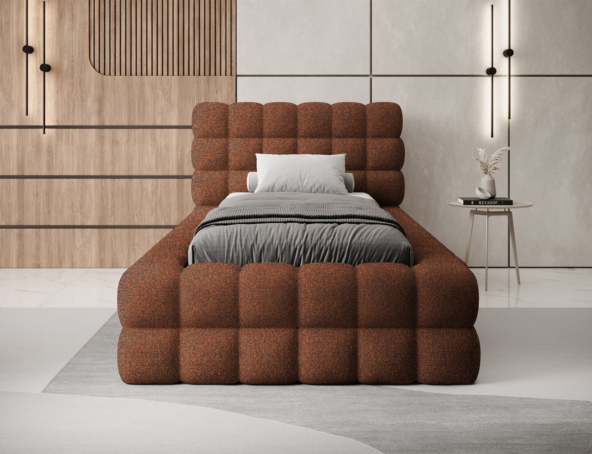 Jednoosobowe łóżko Dizzle 90 Jaffray 30 ceglane, ujęcie na wprost, tapicerowane, idealne do nowoczesnych aranżacji.