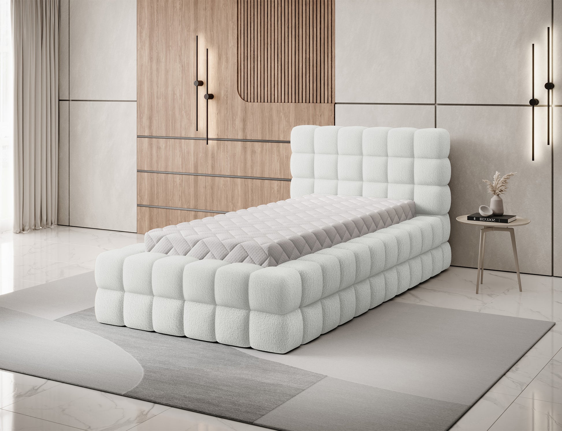 Łóżko Dizzle I 90x200 w tkaninie Royal 01 biały, aranżacja sypialni z jasnymi akcentami i nowoczesnym wystrojem.