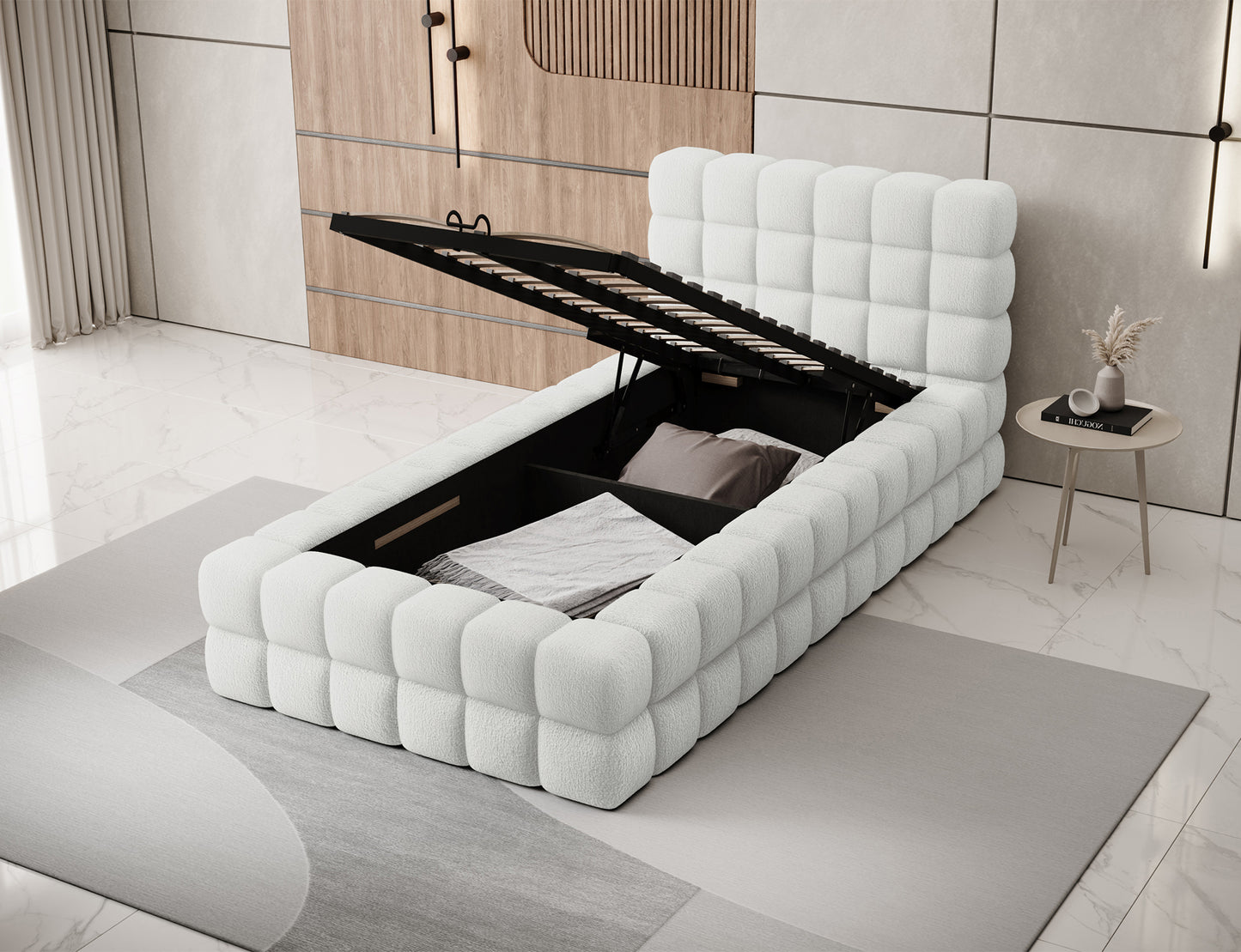 Łóżko Dizzle I 90x200 w tkaninie Royal 01 biały z otwartym pojemnikiem na pościel i widocznym stelażem metalowym.