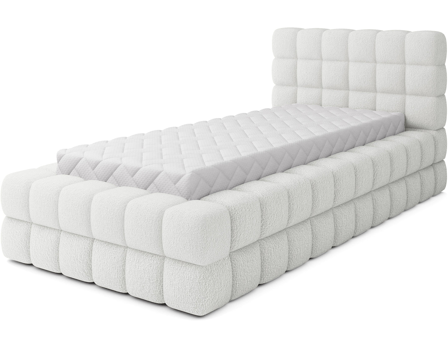 Łóżko jednoosobowe Dizzle I 90x200 w tkaninie Royal 01 biały, widok skośny z materacem na tle białego tła.