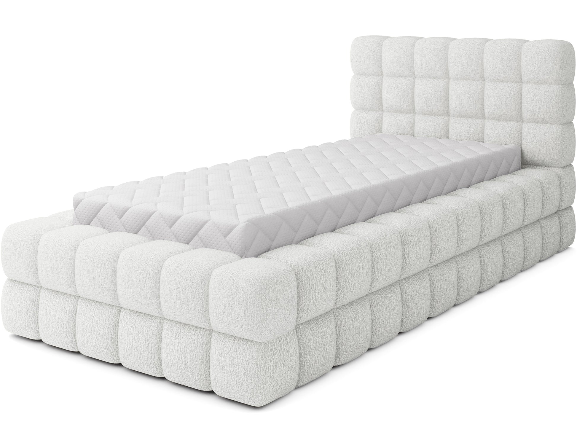 Łóżko jednoosobowe Dizzle I 90x200 w tkaninie Royal 01 biały, widok skośny z materacem na tle białego tła.