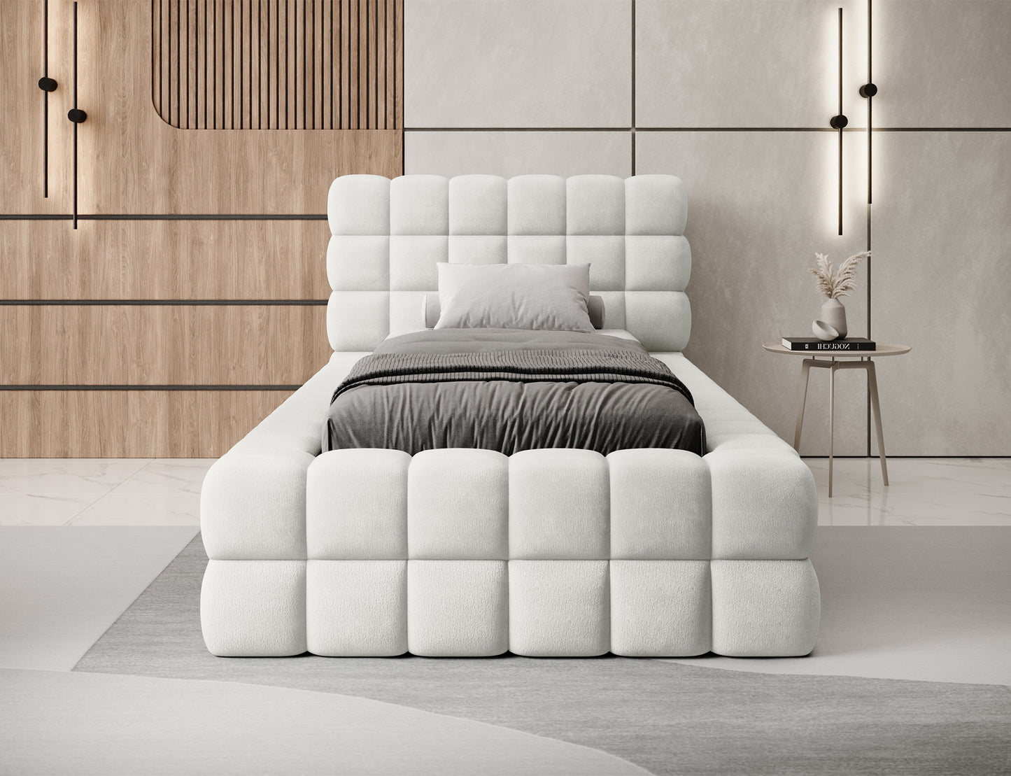 Frontowy widok łóżka Dizzle I 90x200 w tkaninie Royal 01 biały, aranżacja sypialni z szarymi i drewnianymi akcentami.