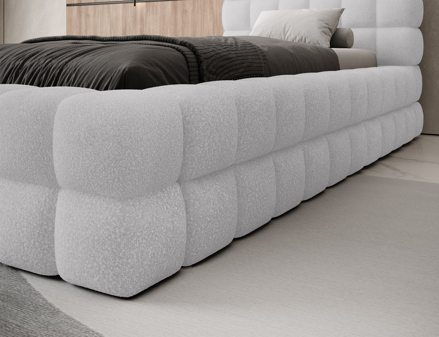 Korpus łóżka Dizzle I 90x200 cm w tkaninie Royal 04 szary, pikowana tapicerka i miękkie wykończenie dla wygody pleców.