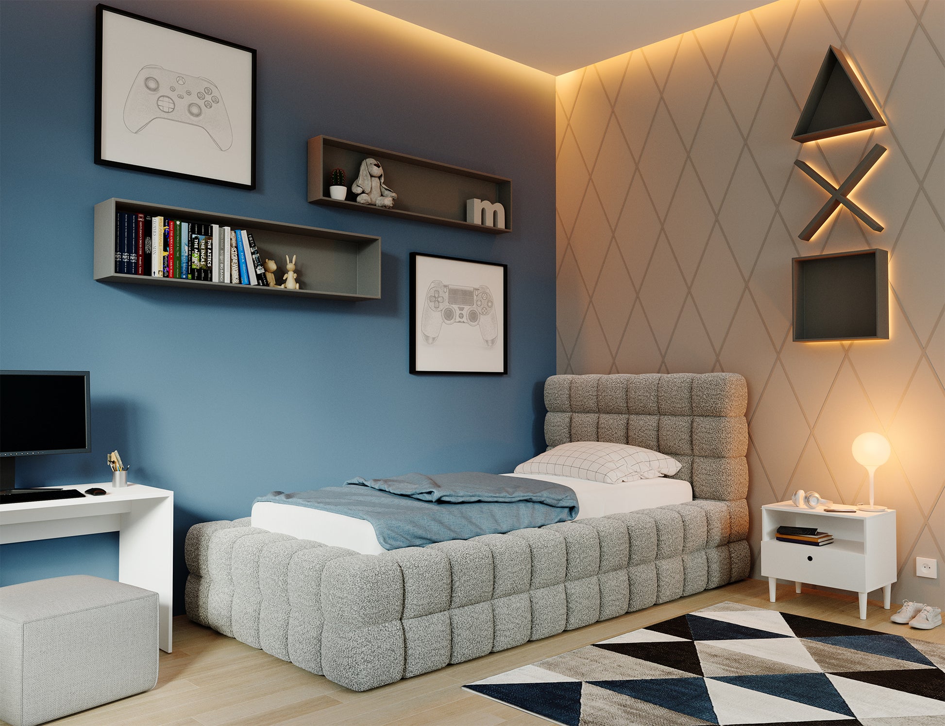 Łóżko Dizzle I 90x200 cm w Royal 04 szary, nowoczesna aranżacja sypialni z miękkim tapicerowanym korpusem i wezgłowiem.