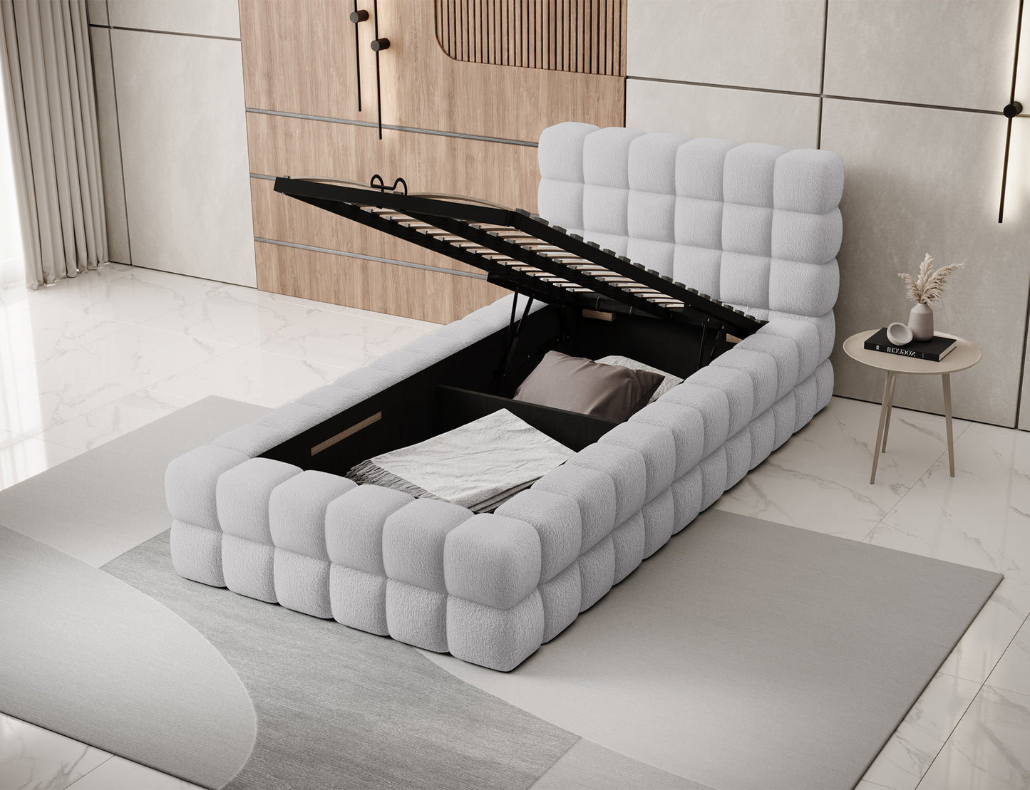 Łóżko Dizzle I 90x200 cm w tkaninie Royal 04 szary z otwartym pojemnikiem na pościel i stelażem ułatwiającym dostęp.