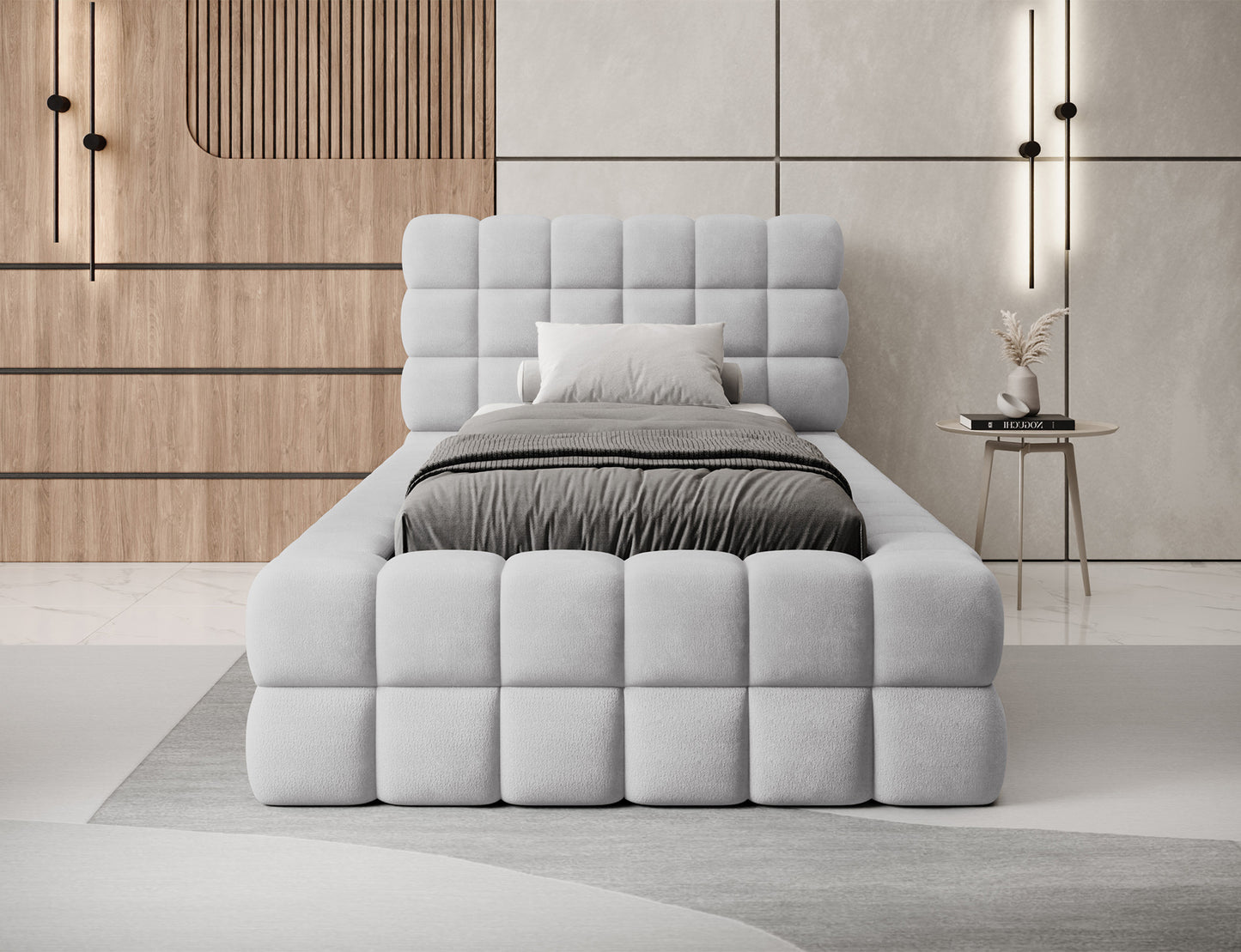 Jednoosobowe łóżko Dizzle I 90x200 cm w tkaninie Royal 04 szary, widok od frontu z tapicerowanym wezgłowiem i materacem.