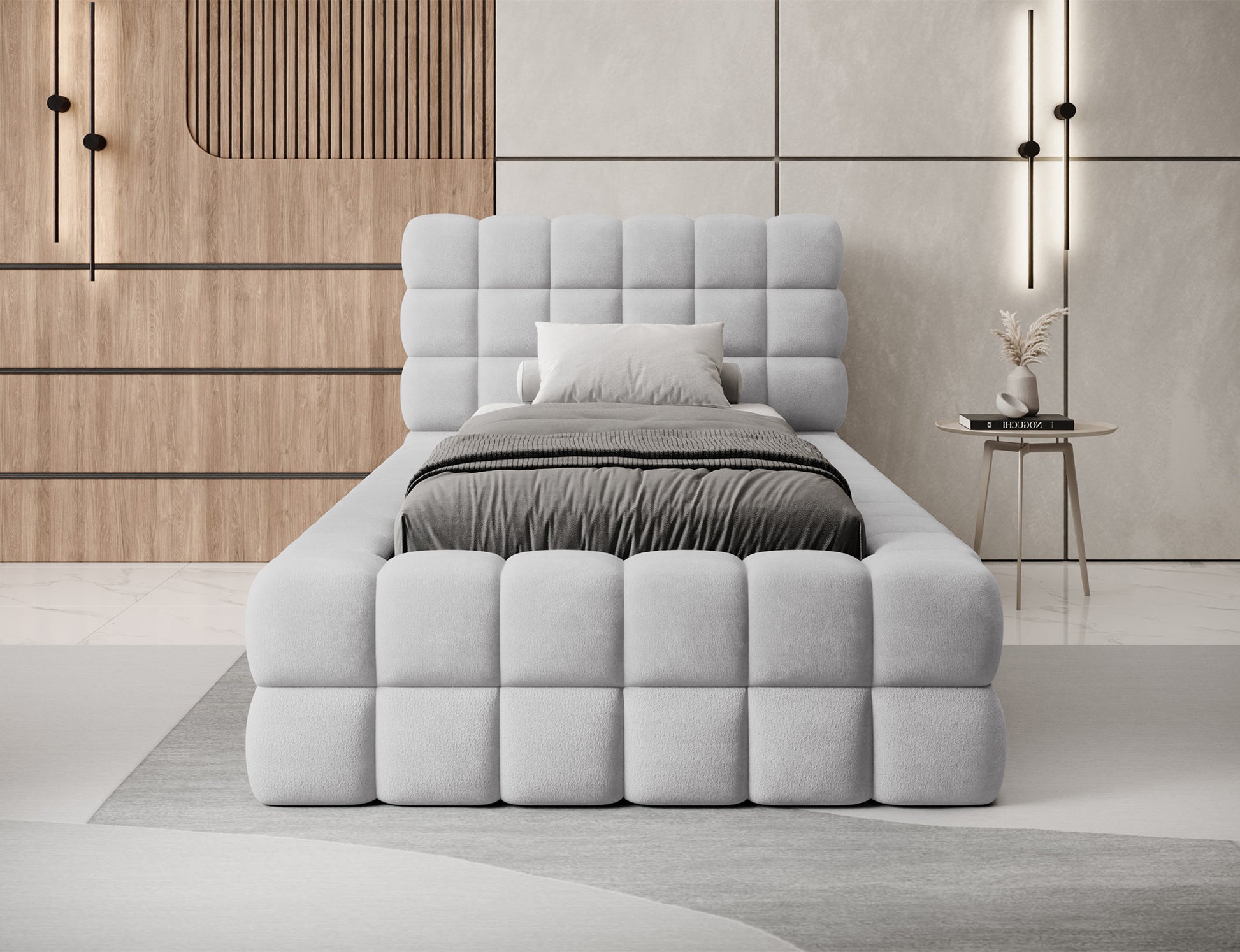 Jednoosobowe łóżko Dizzle I 90x200 cm w tkaninie Royal 04 szary, widok od frontu z tapicerowanym wezgłowiem i materacem.