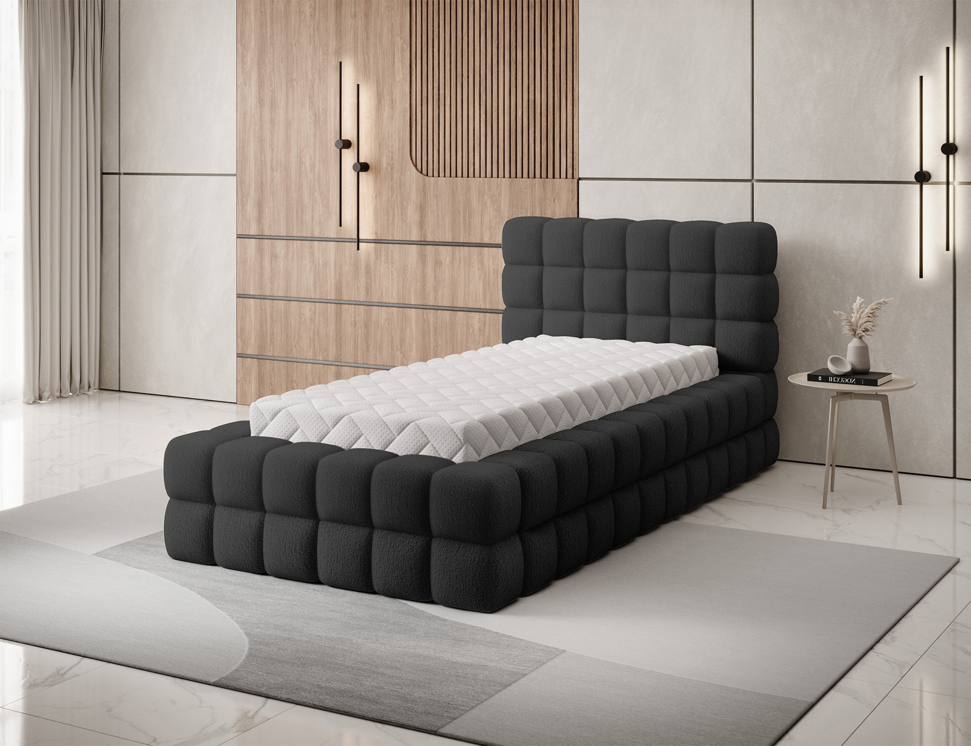 Łóżko tapicerowane Dizzle I 90x200 w tkaninie Royal 05 ciemnoszary, aranżacja sypialni, ujęcie pod skosem.
