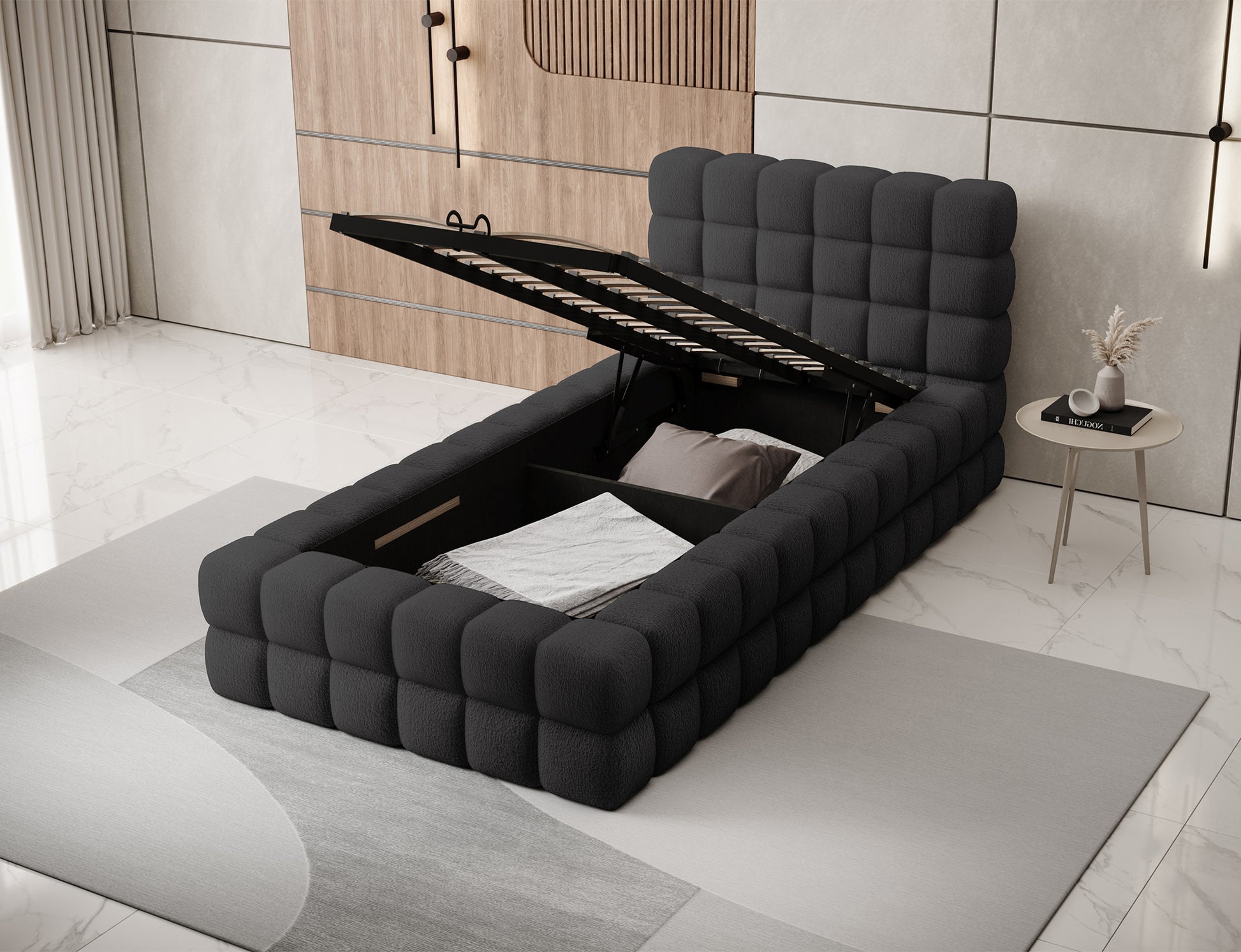 Łóżko Dizzle I 90x200 w tkaninie Royal 05 ciemnoszary z otwartym pojemnikiem na pościel, widok z góry.