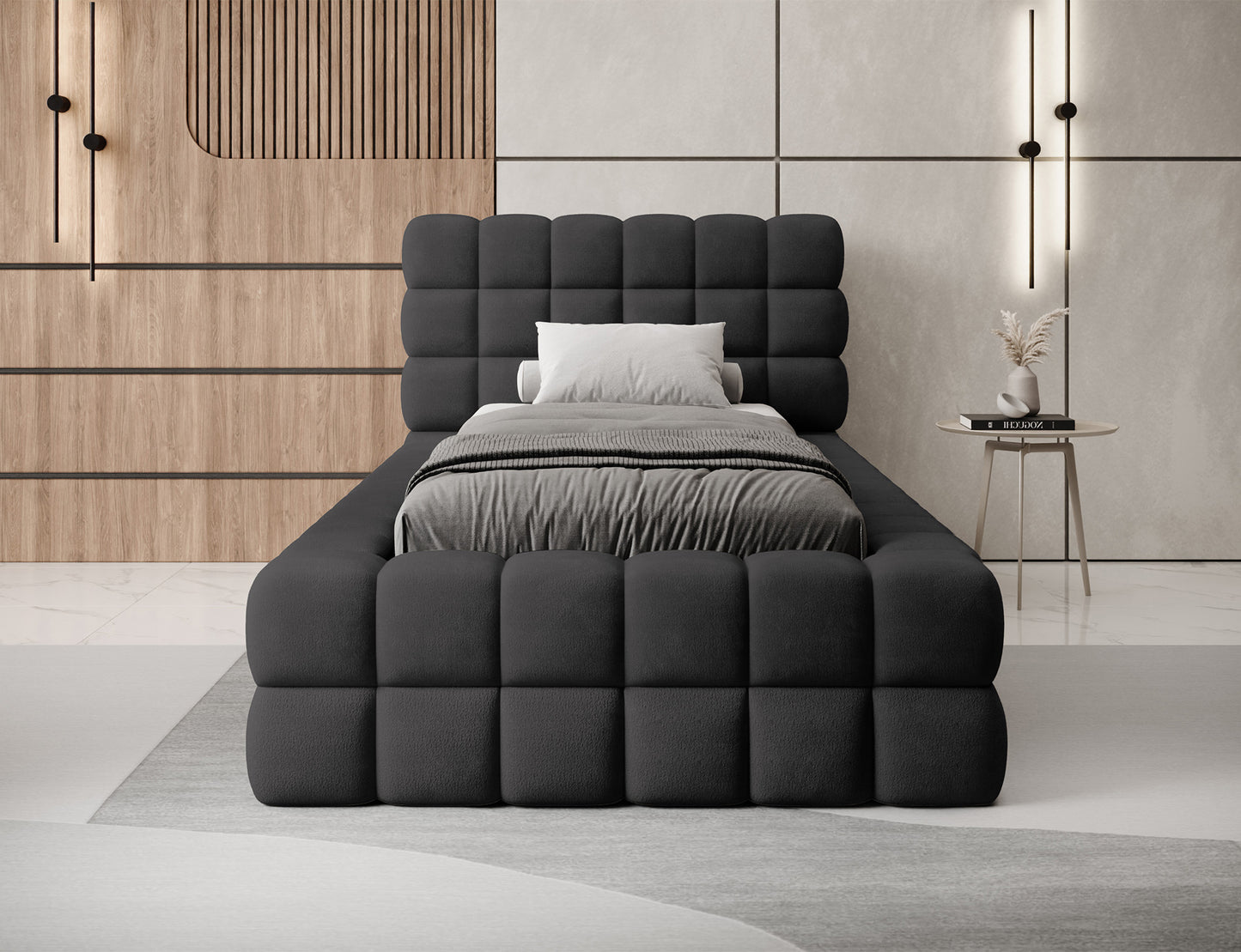 Łóżko Dizzle I 90x200 tapicerowane w tkaninie Royal 05 ciemnoszary, aranżacja w nowoczesnej sypialni, widok z przodu.
