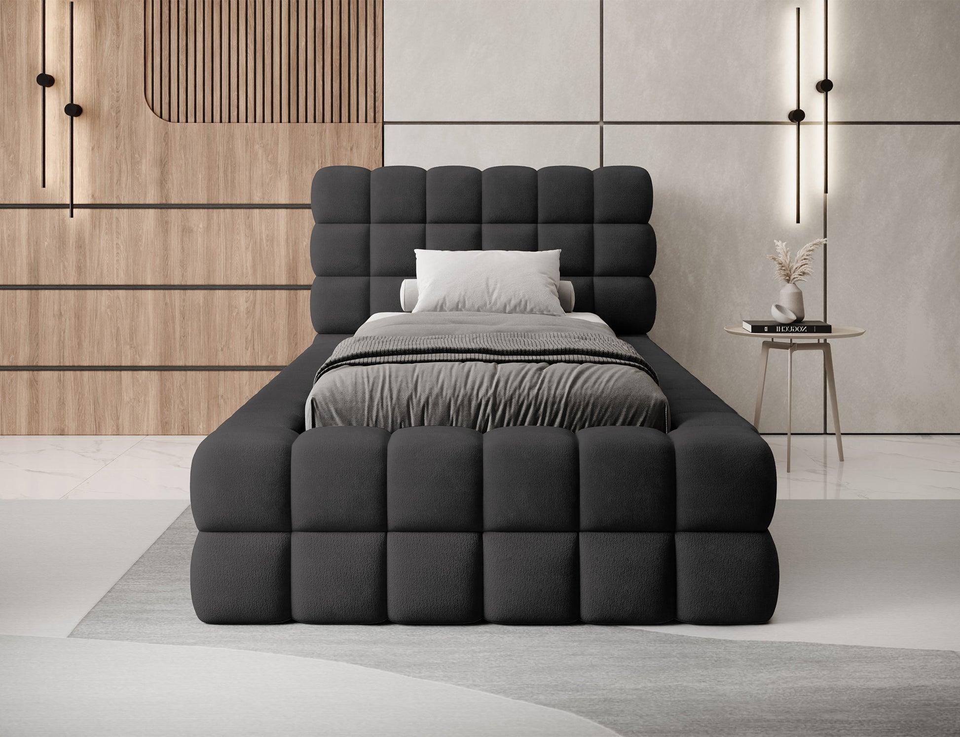 Łóżko Dizzle I 90x200 tapicerowane w tkaninie Royal 05 ciemnoszary, aranżacja w nowoczesnej sypialni, widok z przodu.